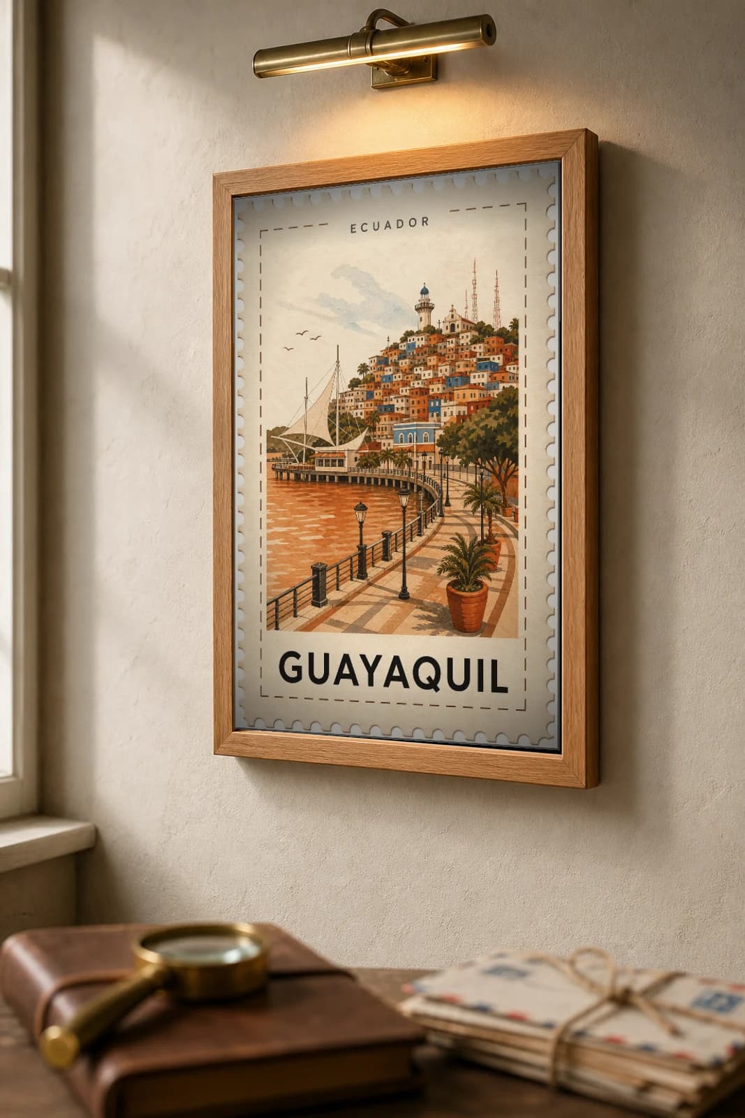 Guayaquil City Stamp Poster — Ecuador travel wall art · illustrated stamp print · framed A2 — the framed print shown at a three-quarter angle on a styled gallery wall in a natural-oak frame