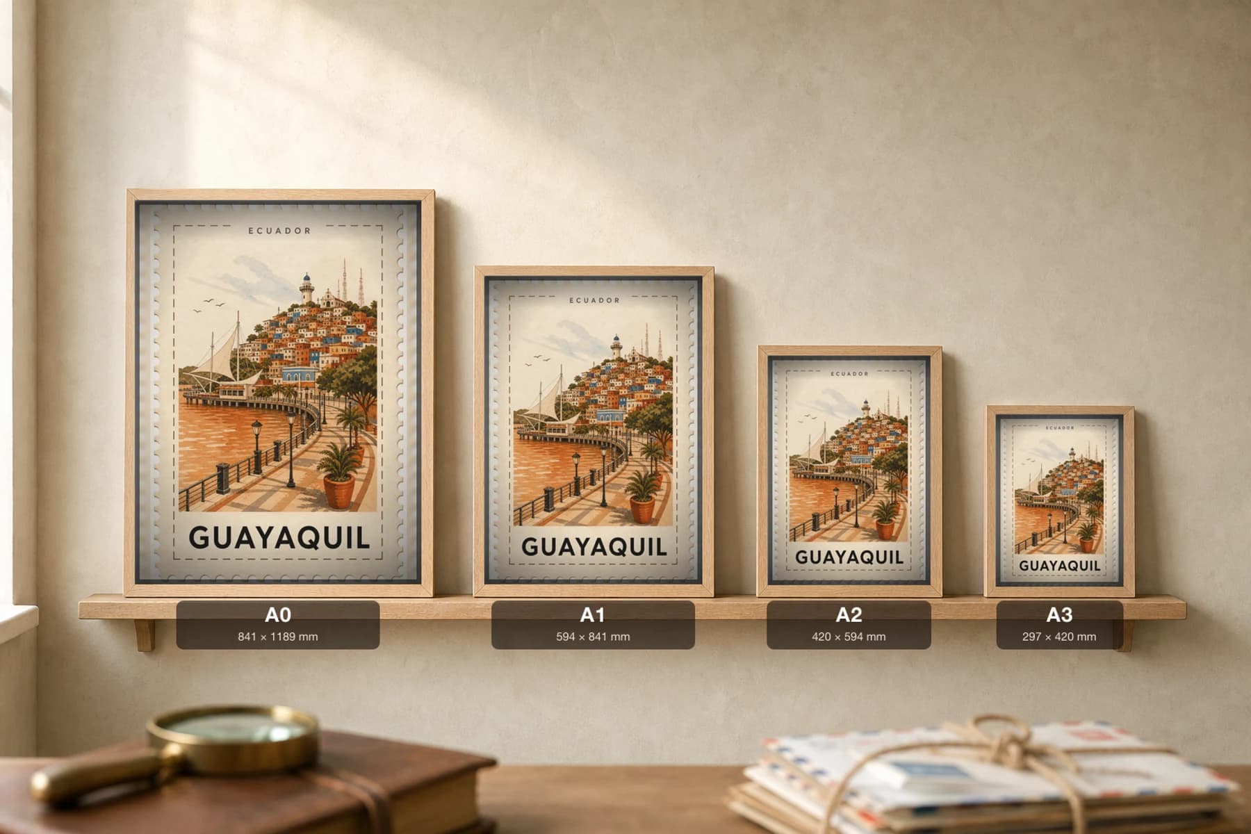 Guayaquil City Stamp Poster — Ecuador travel wall art · illustrated stamp print · framed A2 — print size guide showing the artwork at A0, A1, A2 and A3 in natural-oak frames at true relative scale