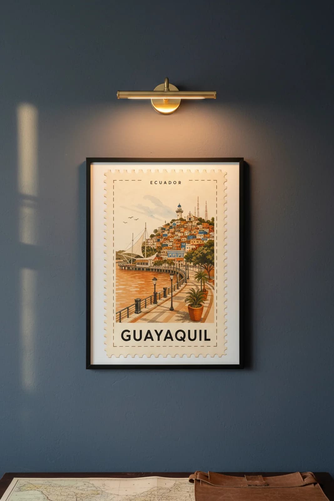 Guayaquil city stamp print in black A2 frame on wcs-americas-5681 postage-indigo wall — City Stamps mockup