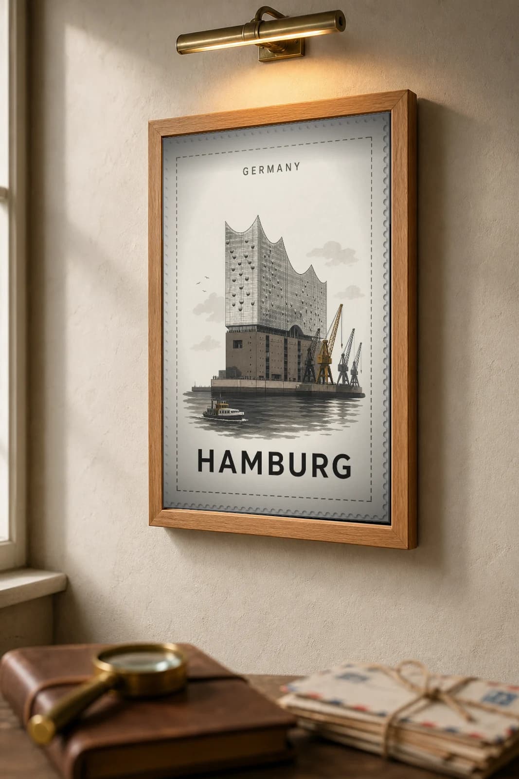 Hamburg City Stamp Poster — Germany travel wall art · illustrated stamp print · framed A2 — the framed print shown at a three-quarter angle on a styled gallery wall in a natural-oak frame