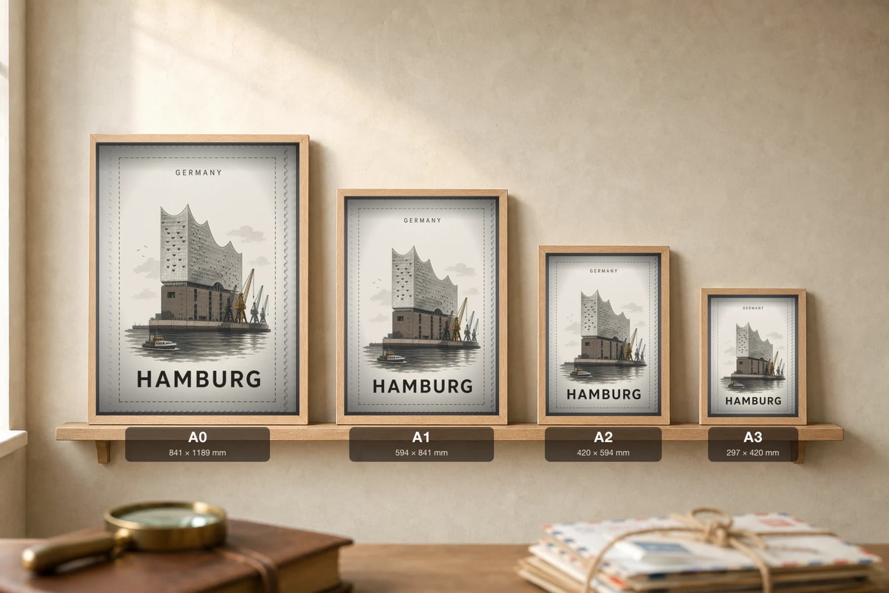 Hamburg City Stamp Poster — Germany travel wall art · illustrated stamp print · framed A2 — print size guide showing the artwork at A0, A1, A2 and A3 in natural-oak frames at true relative scale