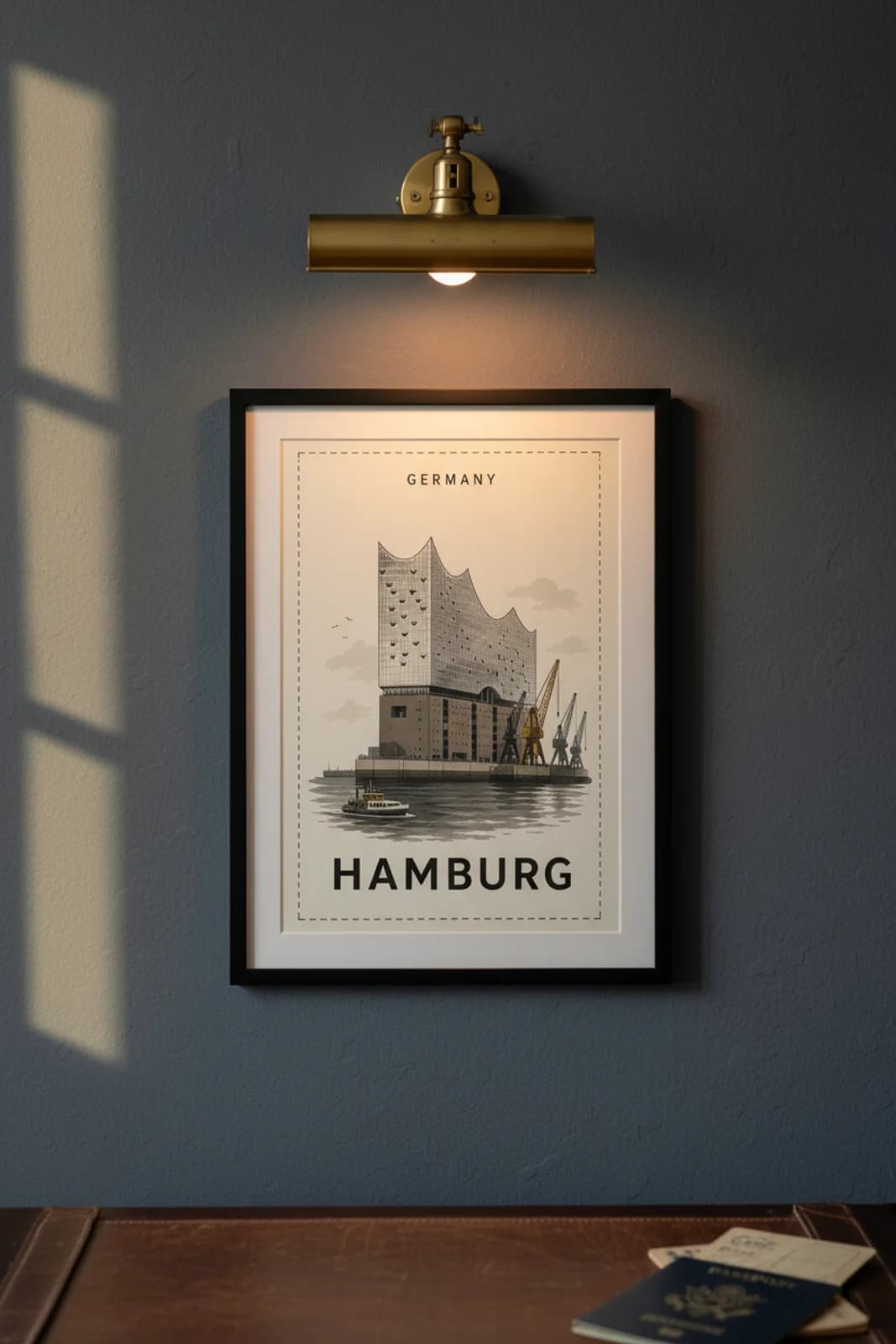 Hamburg city stamp print in black A2 frame on wcs-europe-9123 postage-indigo wall — City Stamps mockup