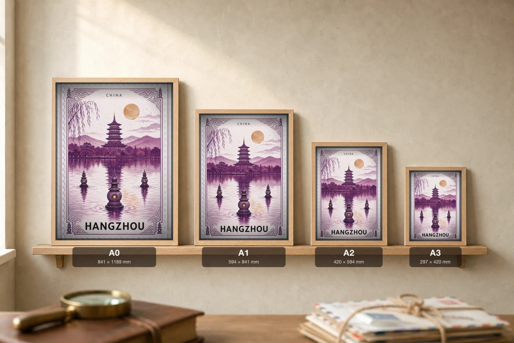 Hangzhou City Stamp Poster — China travel wall art · illustrated stamp print · framed A2 — print size guide showing the artwork at A0, A1, A2 and A3 in natural-oak frames at true relative scale