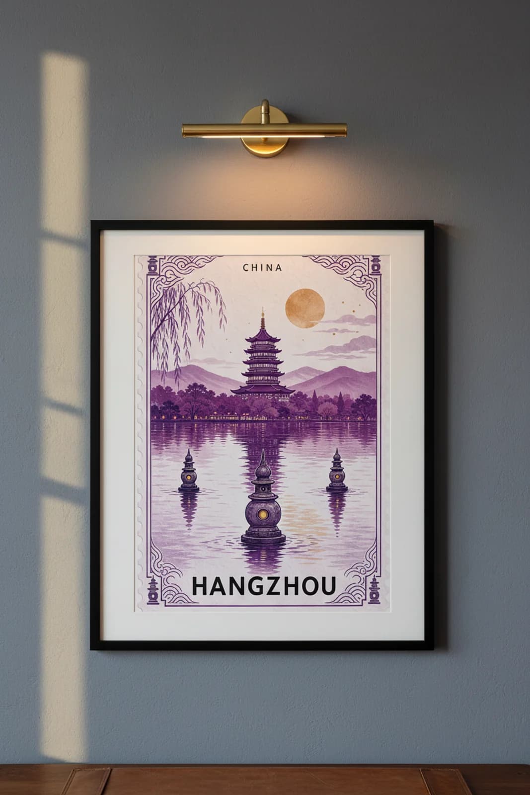 Hangzhou city stamp print in black A2 frame on wcs-asia-3456 postage-indigo wall — City Stamps mockup