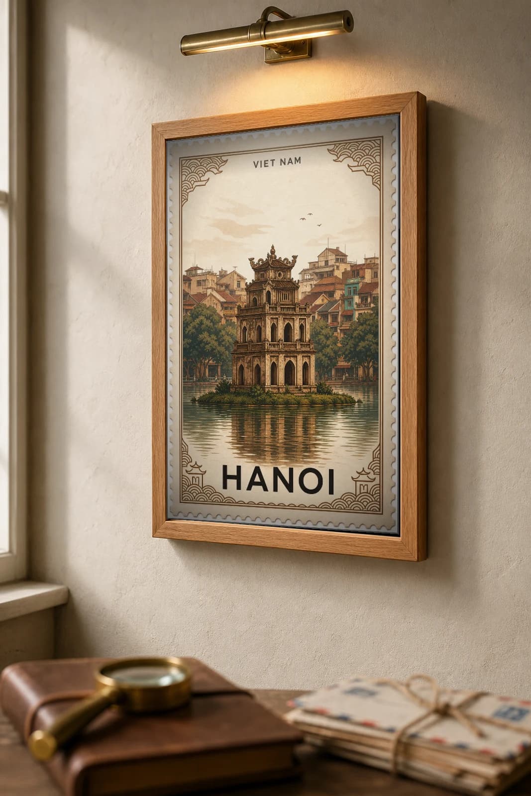 Hanoi City Stamp Poster — Viet Nam travel wall art · illustrated stamp print · framed A2 — the framed print shown at a three-quarter angle on a styled gallery wall in a natural-oak frame