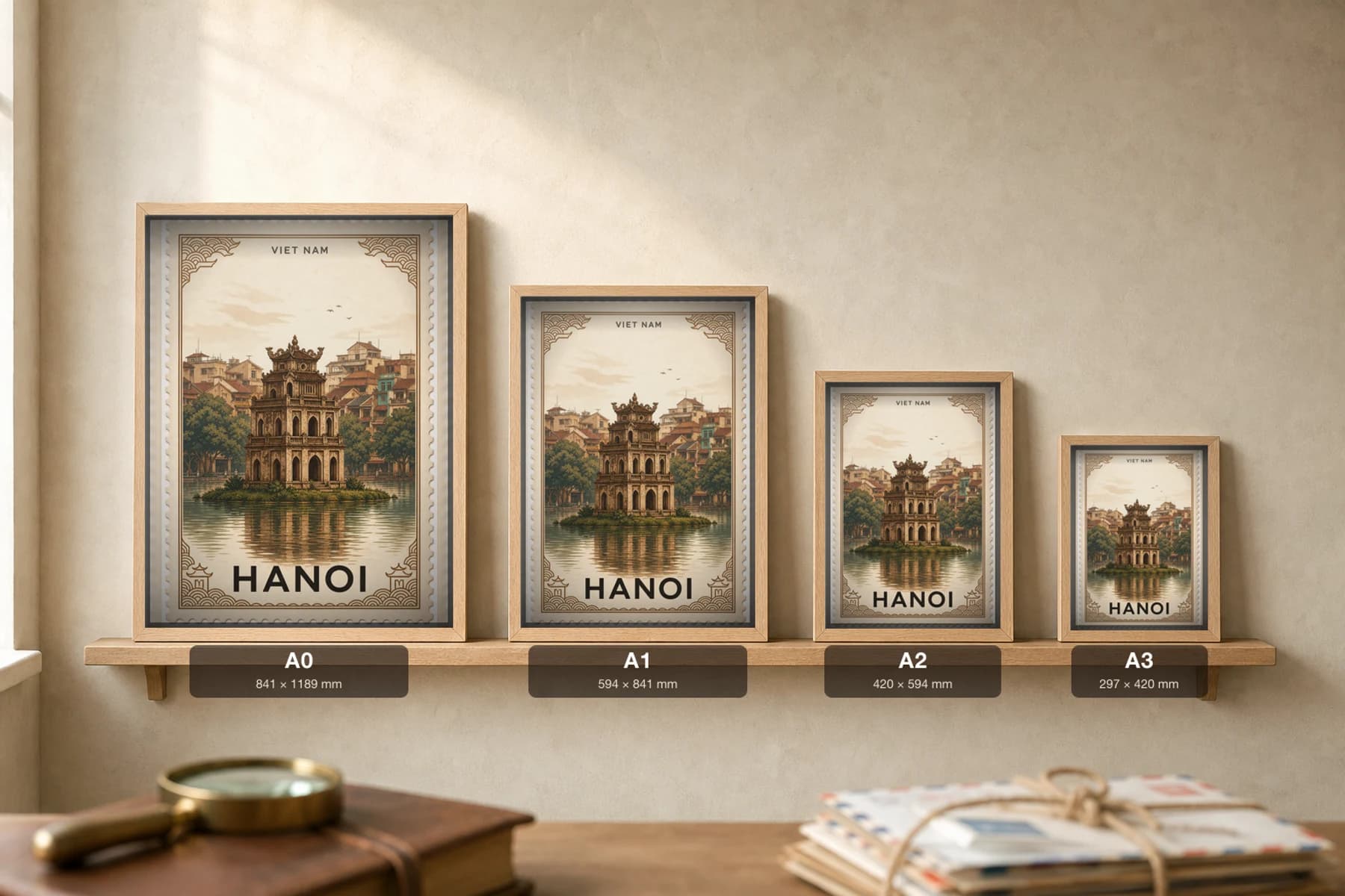Hanoi City Stamp Poster — Viet Nam travel wall art · illustrated stamp print · framed A2 — print size guide showing the artwork at A0, A1, A2 and A3 in natural-oak frames at true relative scale