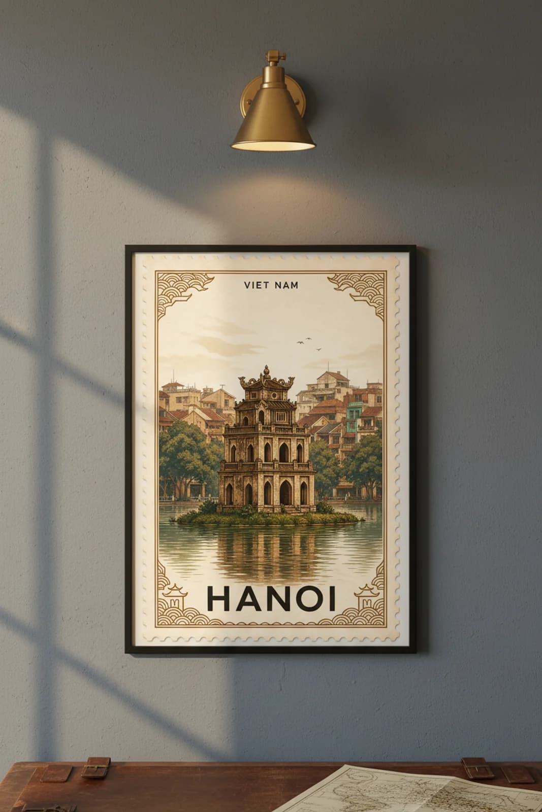 Hanoi city stamp print in black A2 frame on wcs-asia-8404 postage-indigo wall — City Stamps mockup