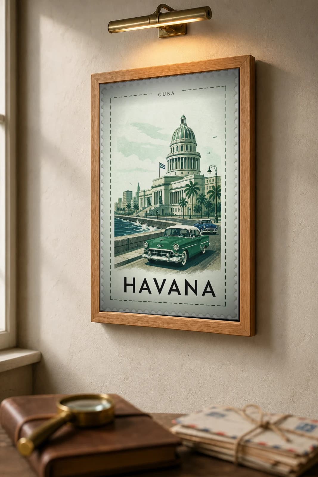 Havana City Stamp Poster — Cuba travel wall art · illustrated stamp print · framed A2 — the framed print shown at a three-quarter angle on a styled gallery wall in a natural-oak frame