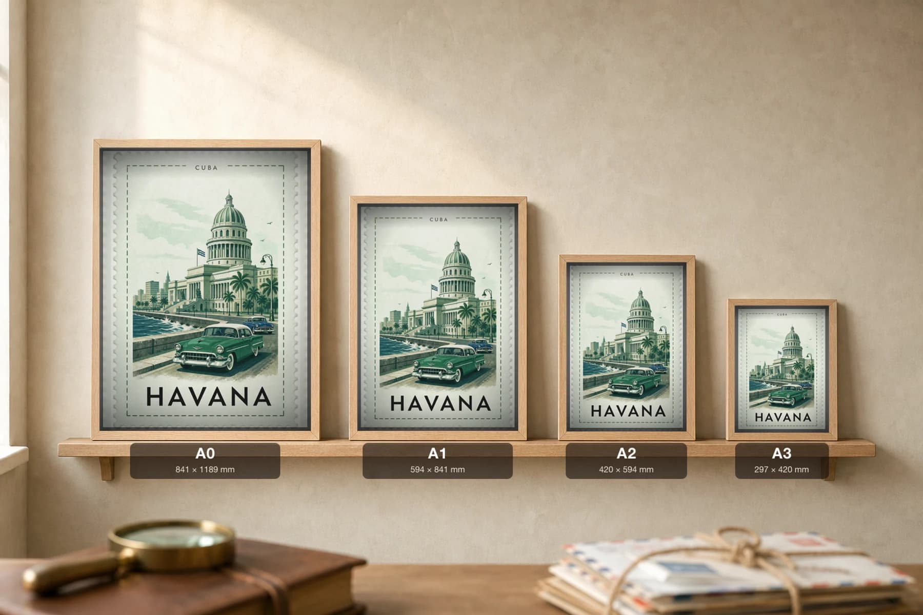 Havana City Stamp Poster — Cuba travel wall art · illustrated stamp print · framed A2 — print size guide showing the artwork at A0, A1, A2 and A3 in natural-oak frames at true relative scale