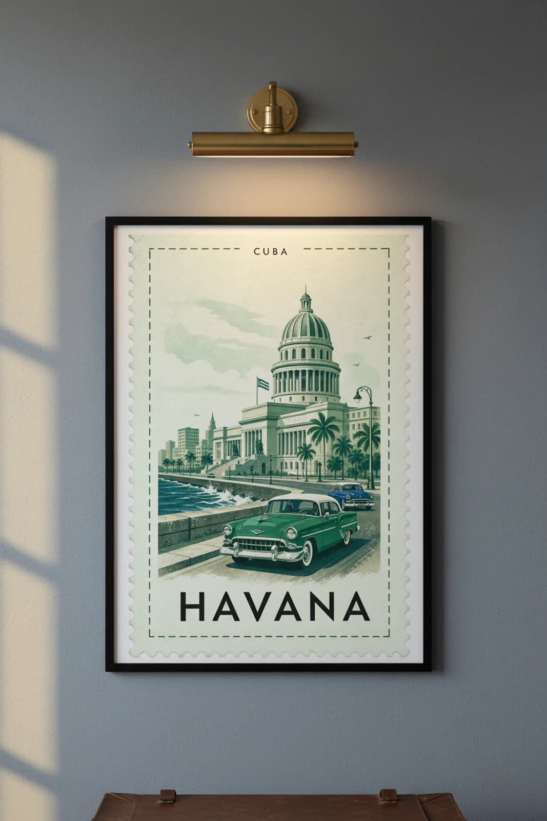 Havana city stamp print in black A2 frame on wcs-americas-2404 postage-indigo wall — City Stamps mockup