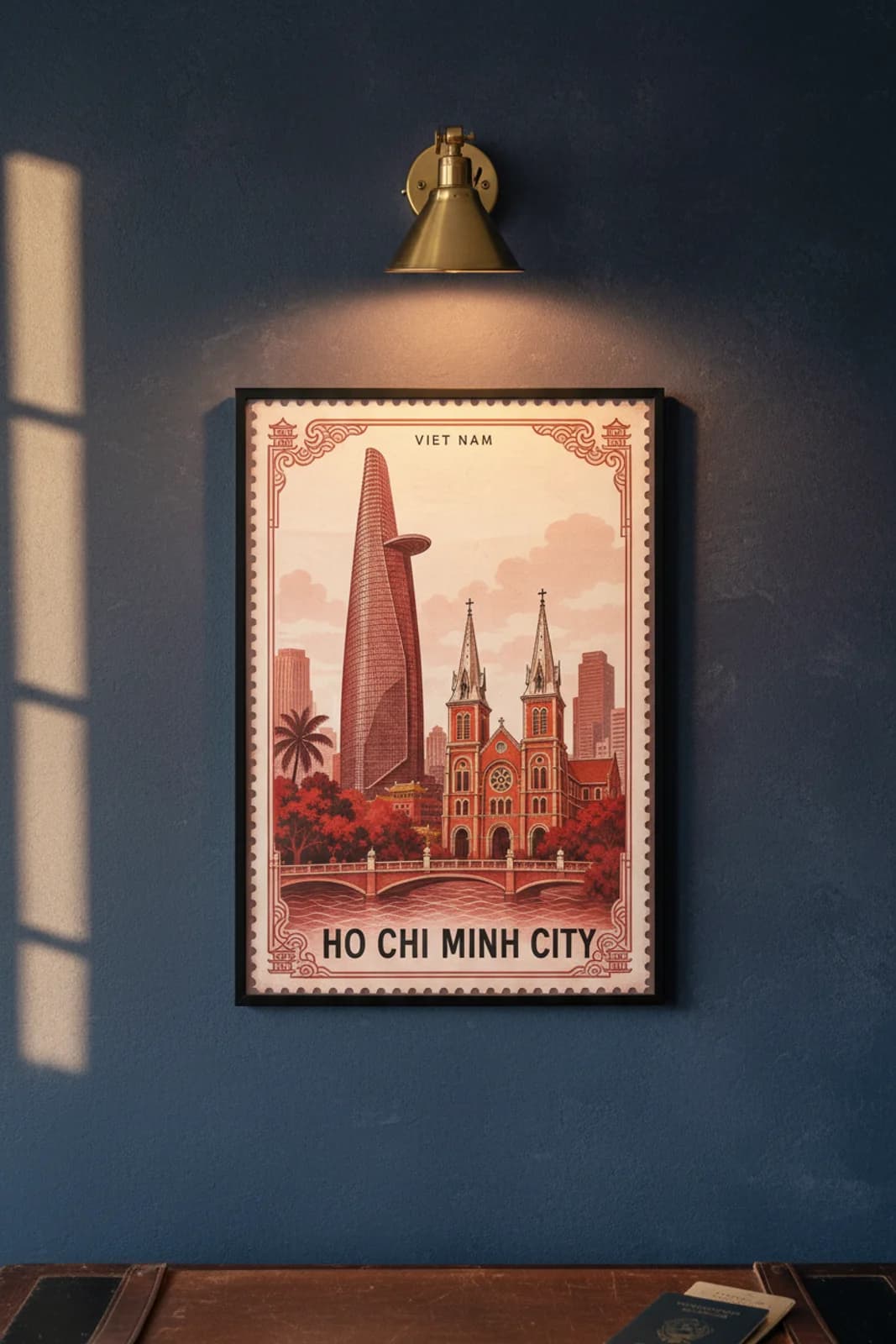 Ho Chi Minh City city stamp print in black A2 frame on wcs-asia-0823 postage-indigo wall — City Stamps mockup