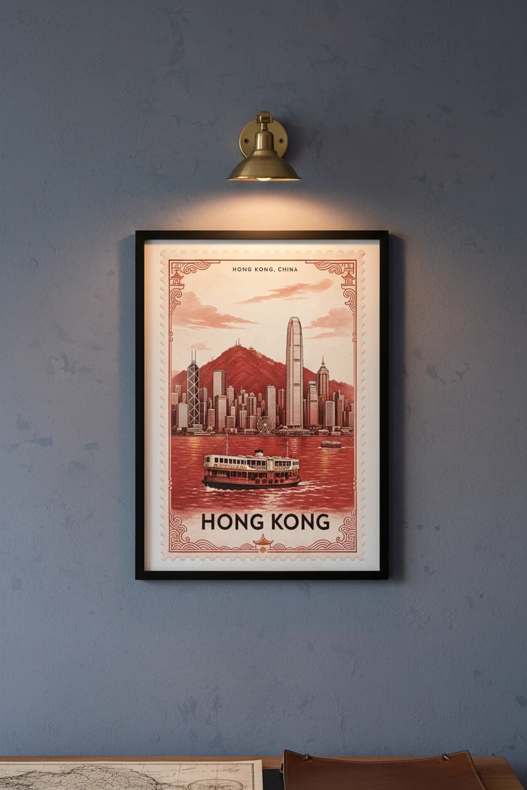 Hong Kong city stamp print in black A2 frame on wcs-asia-5654 postage-indigo wall — City Stamps mockup