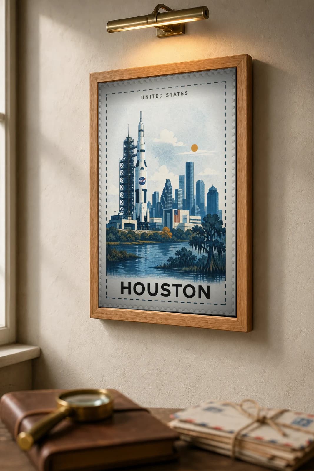 Houston City Stamp Poster — United States travel wall art · illustrated stamp print · framed A2 — the framed print shown at a three-quarter angle on a styled gallery wall in a natural-oak frame