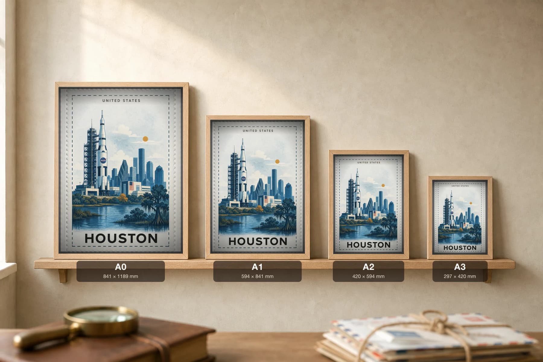 Houston City Stamp Poster — United States travel wall art · illustrated stamp print · framed A2 — print size guide showing the artwork at A0, A1, A2 and A3 in natural-oak frames at true relative scale
