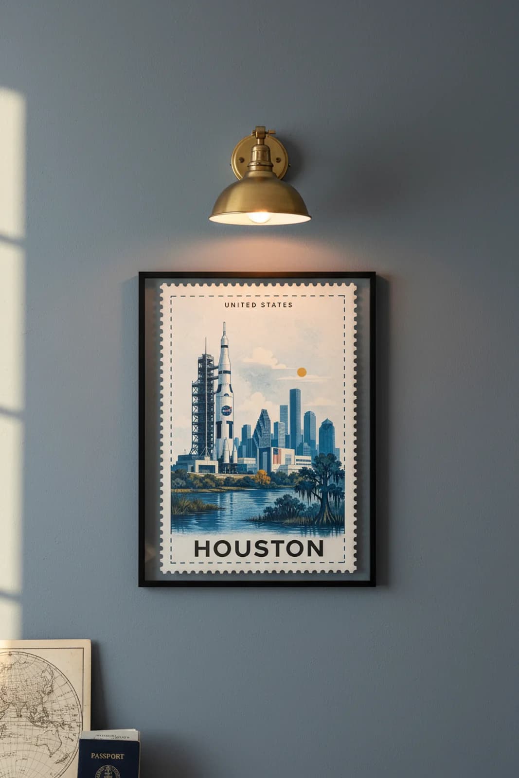 Houston city stamp print in black A2 frame on wcs-americas-8904 postage-indigo wall — City Stamps mockup