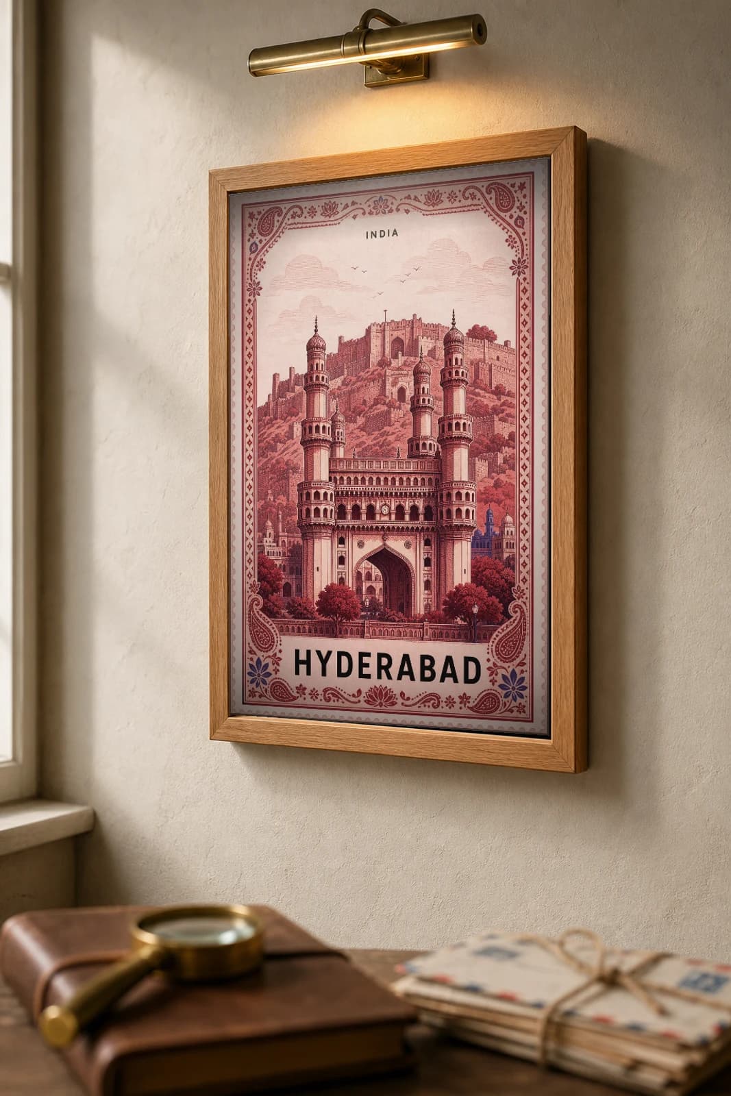 Hyderabad City Stamp Poster — India travel wall art · illustrated stamp print · framed A2 — the framed print shown at a three-quarter angle on a styled gallery wall in a natural-oak frame