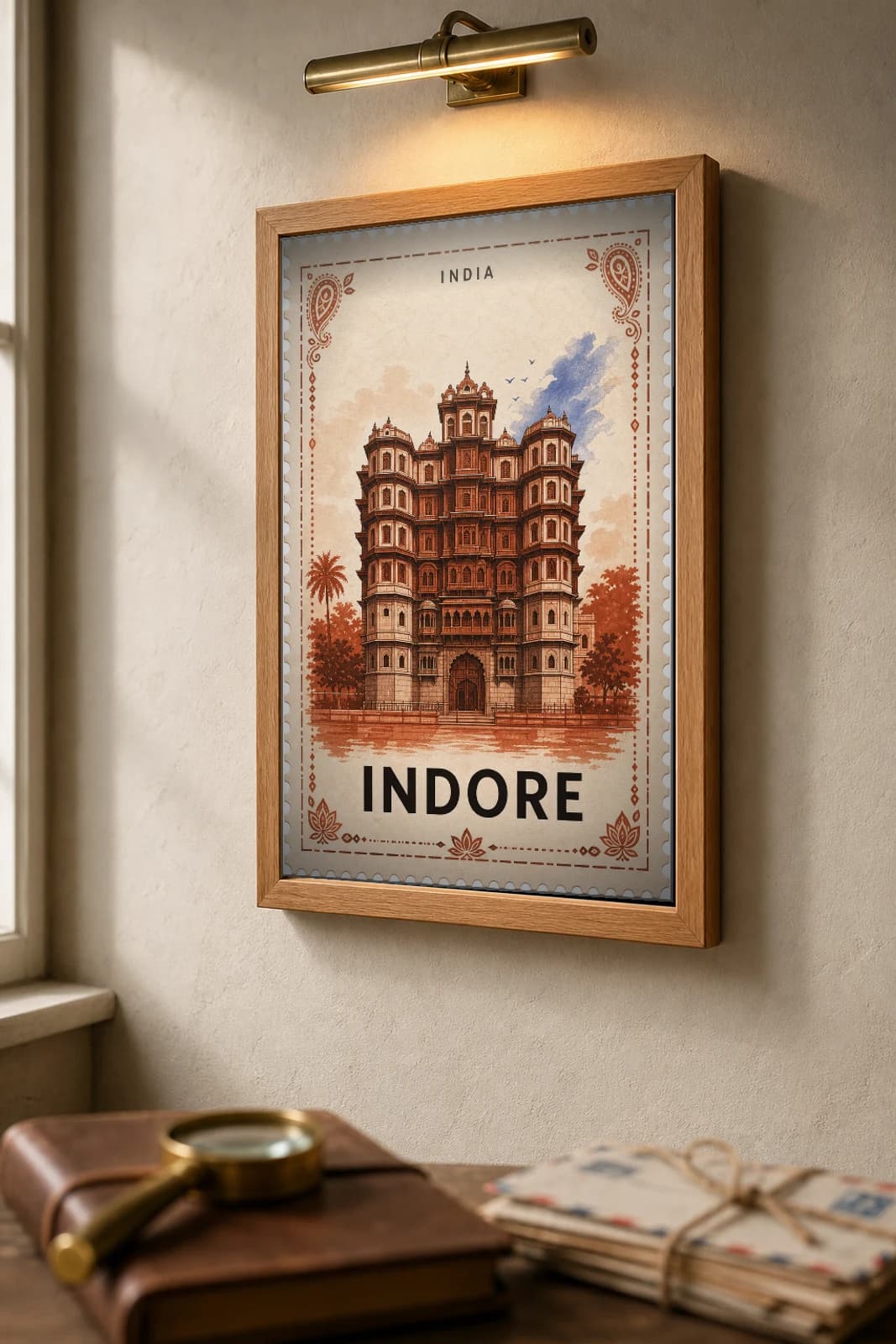 Indore City Stamp Poster — India travel wall art · illustrated stamp print · framed A2 — the framed print shown at a three-quarter angle on a styled gallery wall in a natural-oak frame