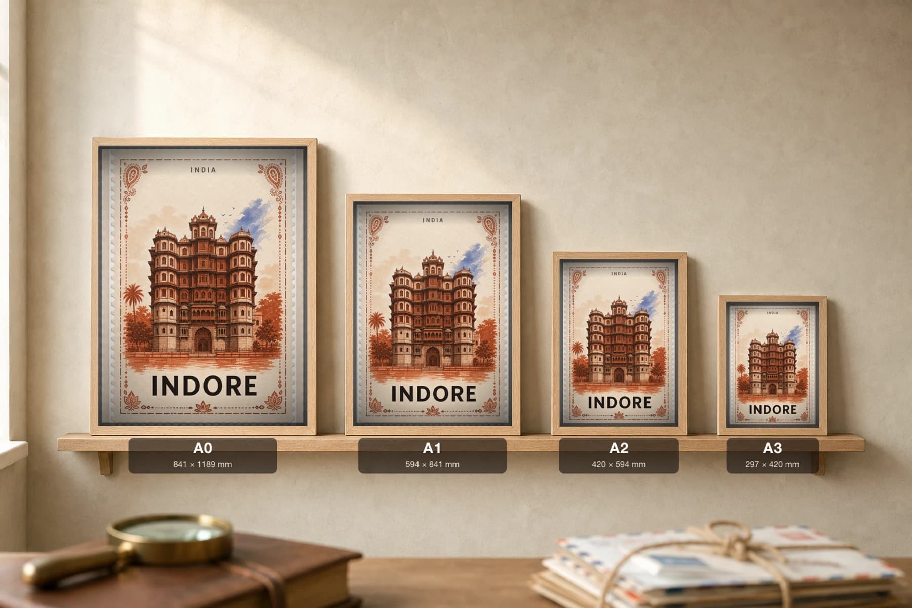 Indore City Stamp Poster — India travel wall art · illustrated stamp print · framed A2 — print size guide showing the artwork at A0, A1, A2 and A3 in natural-oak frames at true relative scale