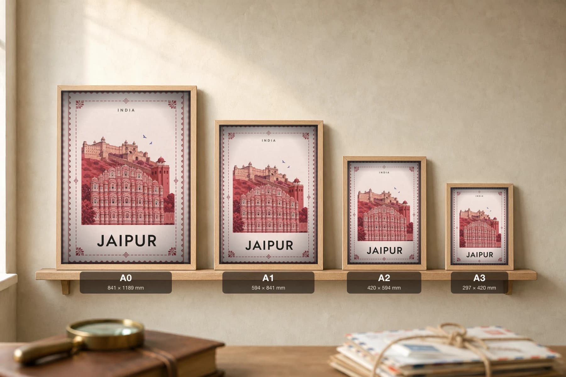 Jaipur City Stamp Poster — India travel wall art · illustrated stamp print · framed A2 — print size guide showing the artwork at A0, A1, A2 and A3 in natural-oak frames at true relative scale