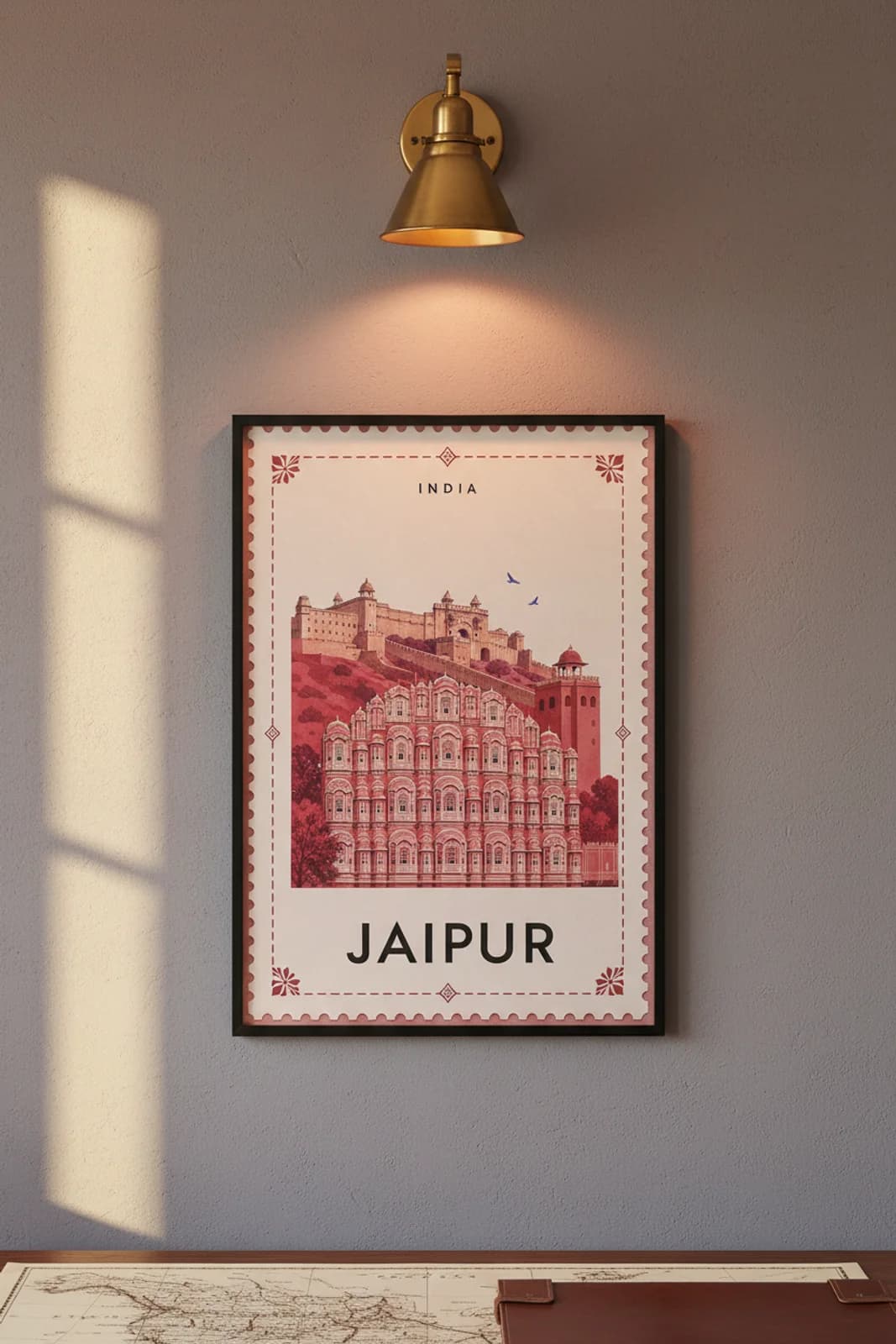 Jaipur city stamp print in black A2 frame on wcs-asia-2619 postage-indigo wall — City Stamps mockup