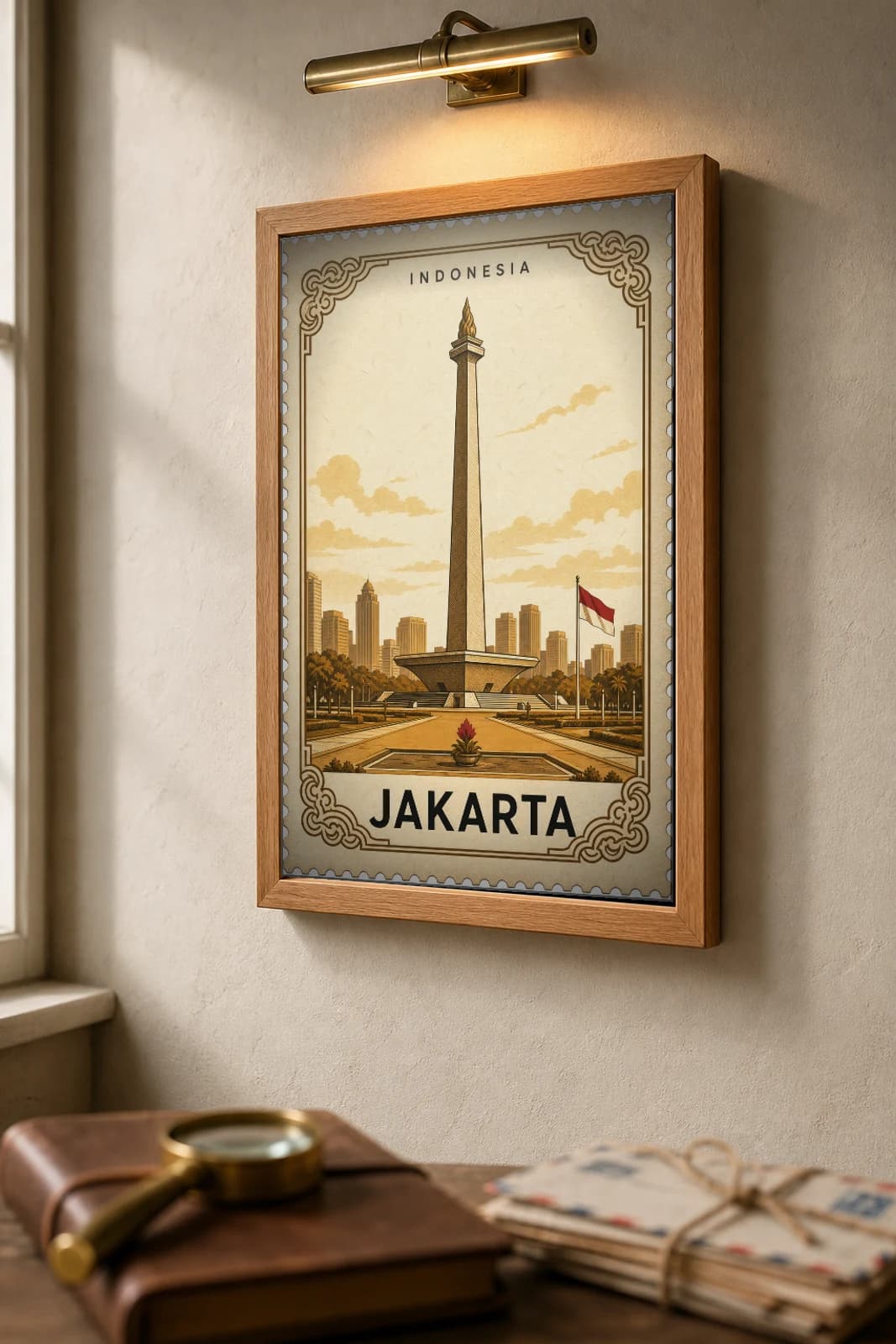 Jakarta City Stamp Poster — Indonesia travel wall art · illustrated stamp print · framed A2 — the framed print shown at a three-quarter angle on a styled gallery wall in a natural-oak frame
