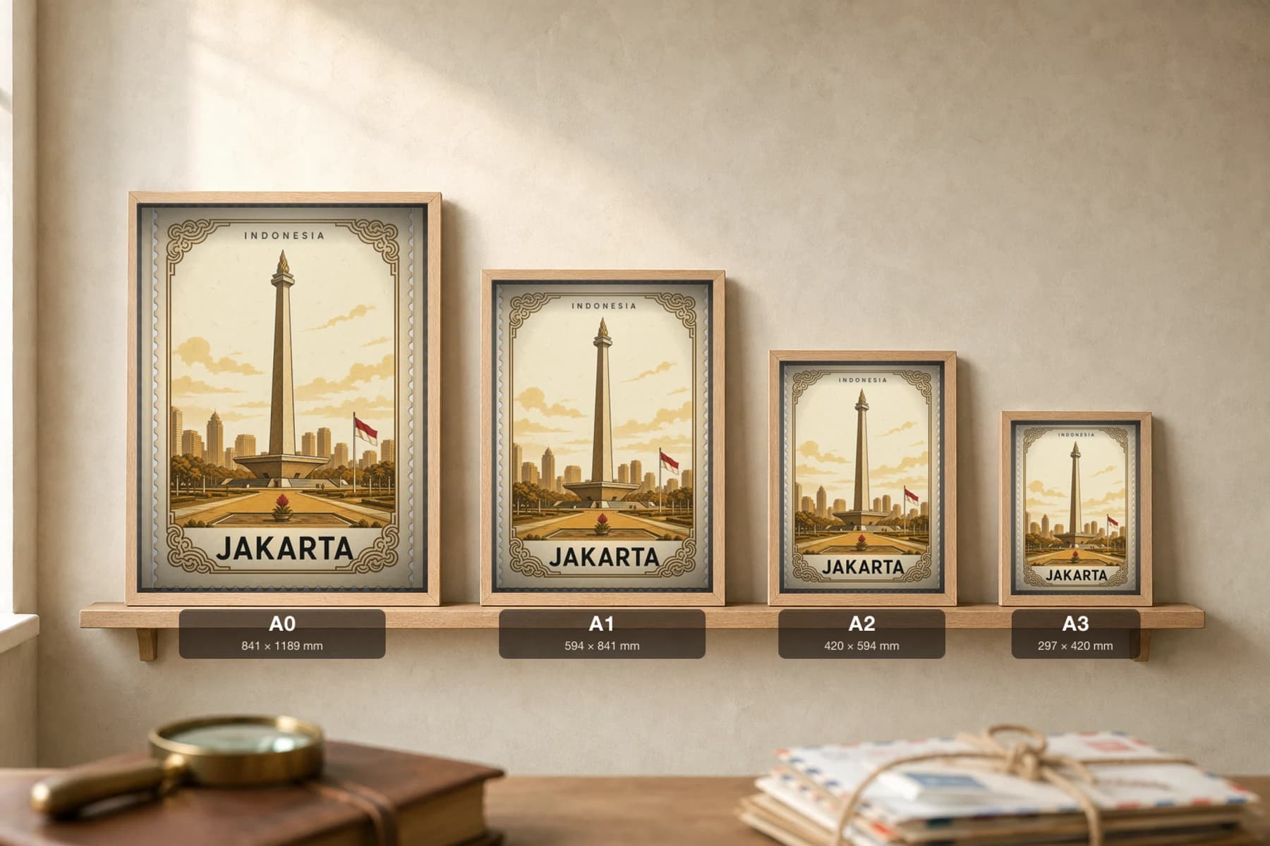 Jakarta City Stamp Poster — Indonesia travel wall art · illustrated stamp print · framed A2 — print size guide showing the artwork at A0, A1, A2 and A3 in natural-oak frames at true relative scale