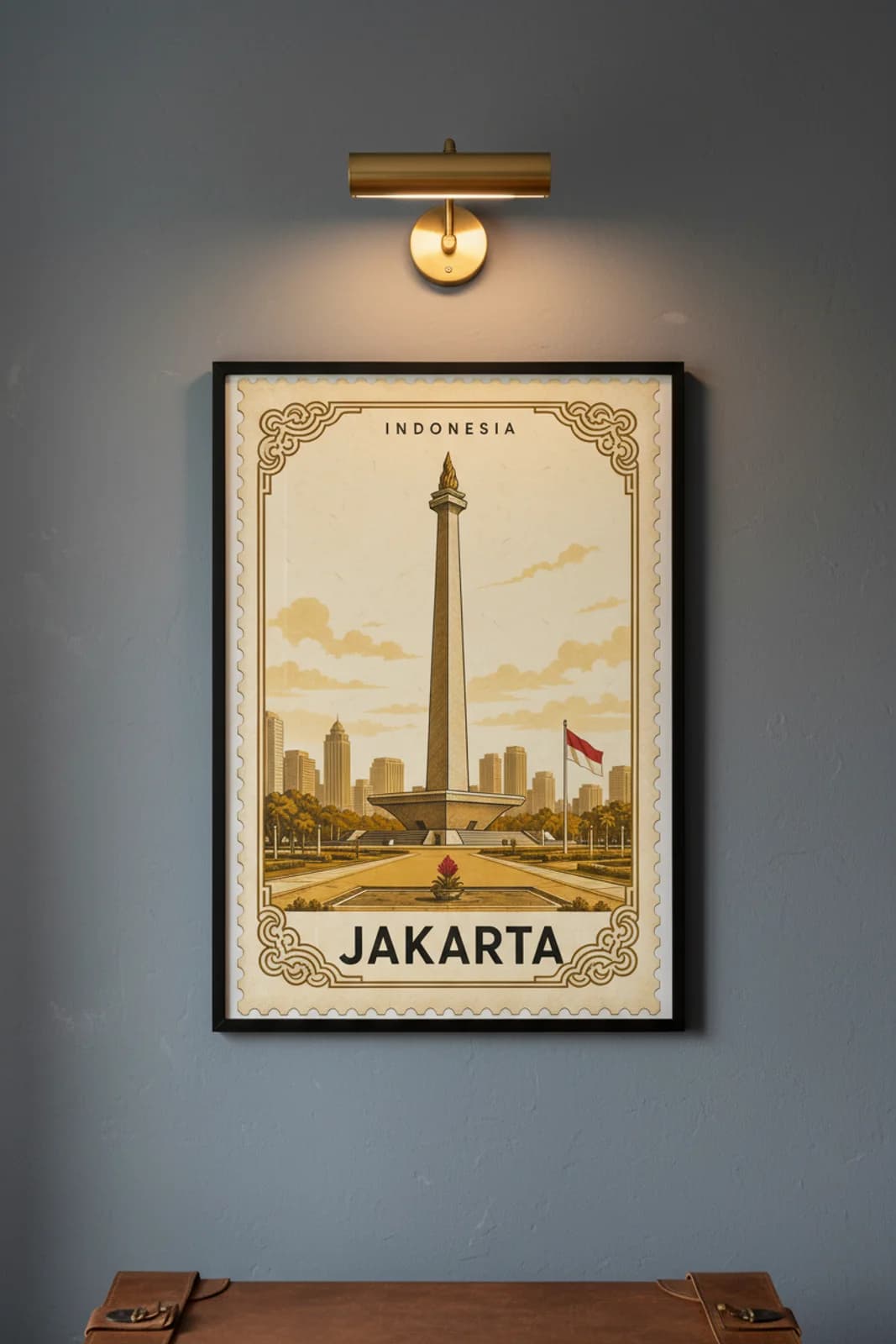 Jakarta city stamp print in black A2 frame on wcs-asia-1720 postage-indigo wall — City Stamps mockup
