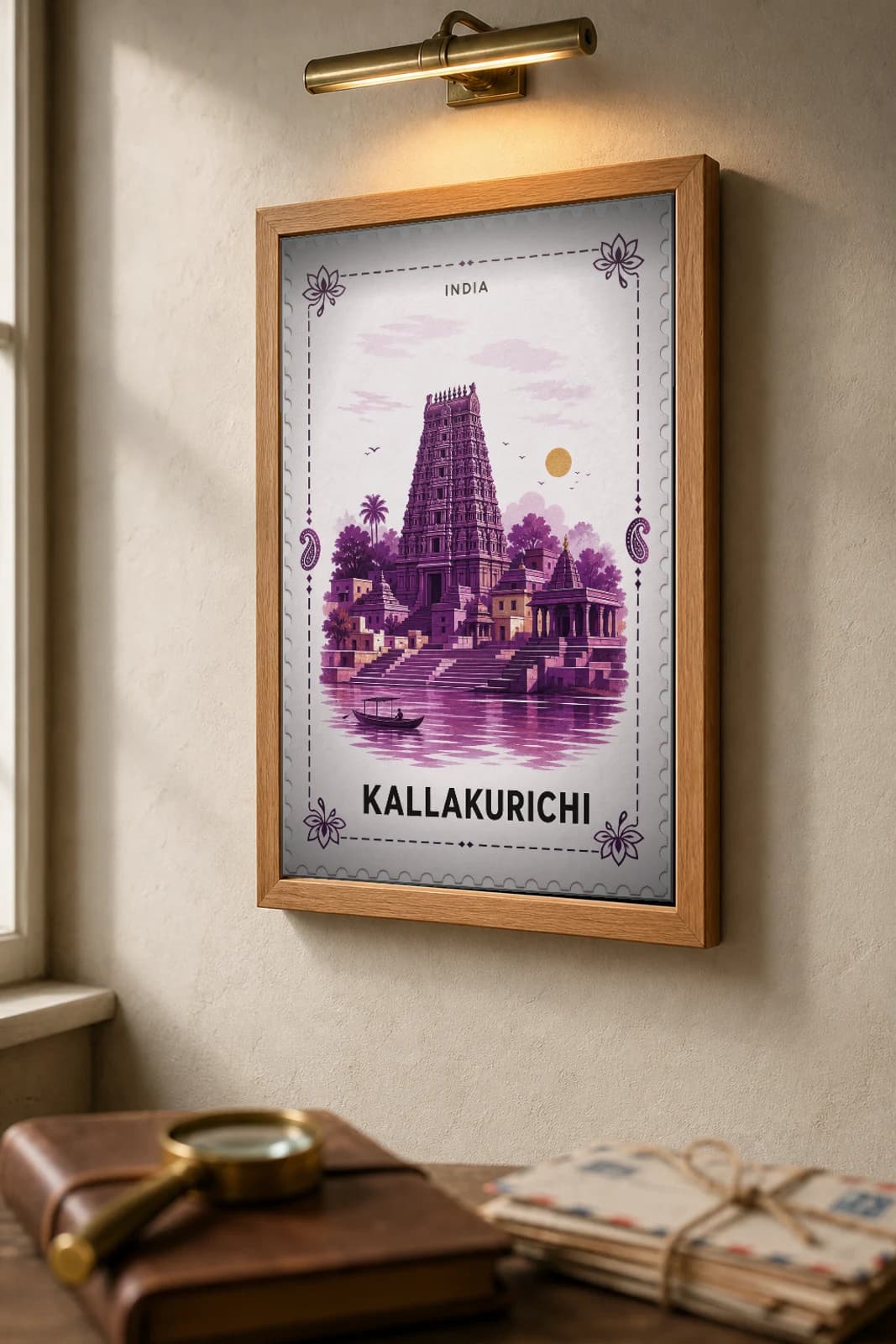 Kallakurichi City Stamp Poster — India travel wall art · illustrated stamp print · framed A2 — the framed print shown at a three-quarter angle on a styled gallery wall in a natural-oak frame