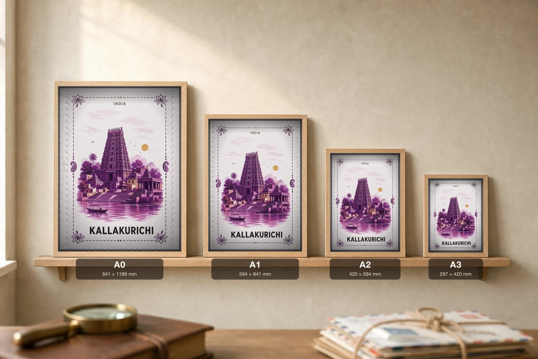 Kallakurichi City Stamp Poster — India travel wall art · illustrated stamp print · framed A2 — print size guide showing the artwork at A0, A1, A2 and A3 in natural-oak frames at true relative scale