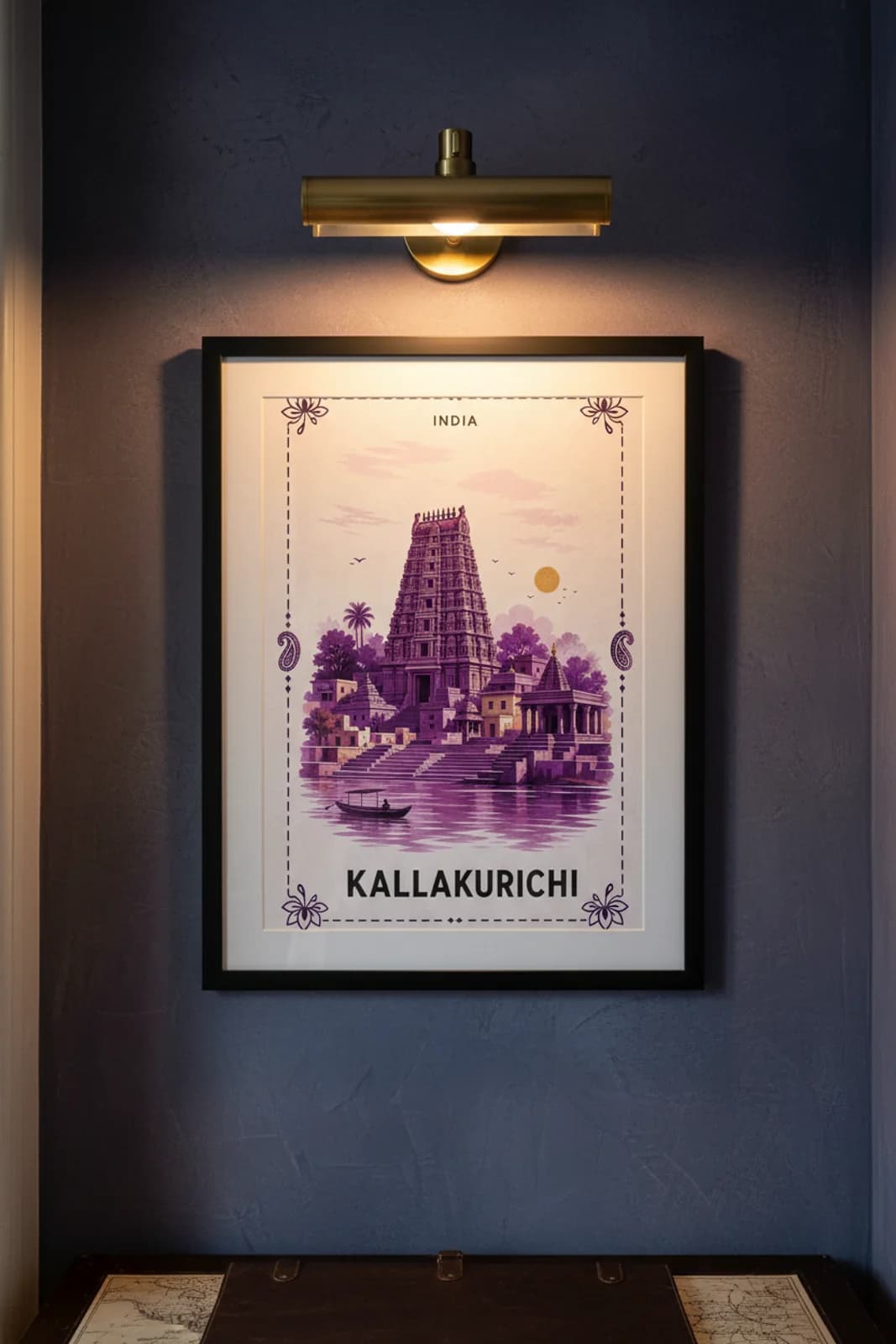Kallakurichi city stamp print in black A2 frame on wcs-asia-4981 postage-indigo wall — City Stamps mockup