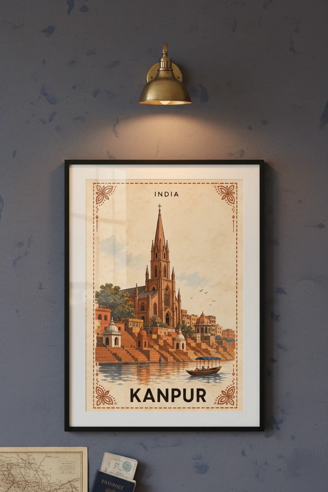 Kanpur city stamp print in black A2 frame on wcs-asia-8479 postage-indigo wall — City Stamps mockup