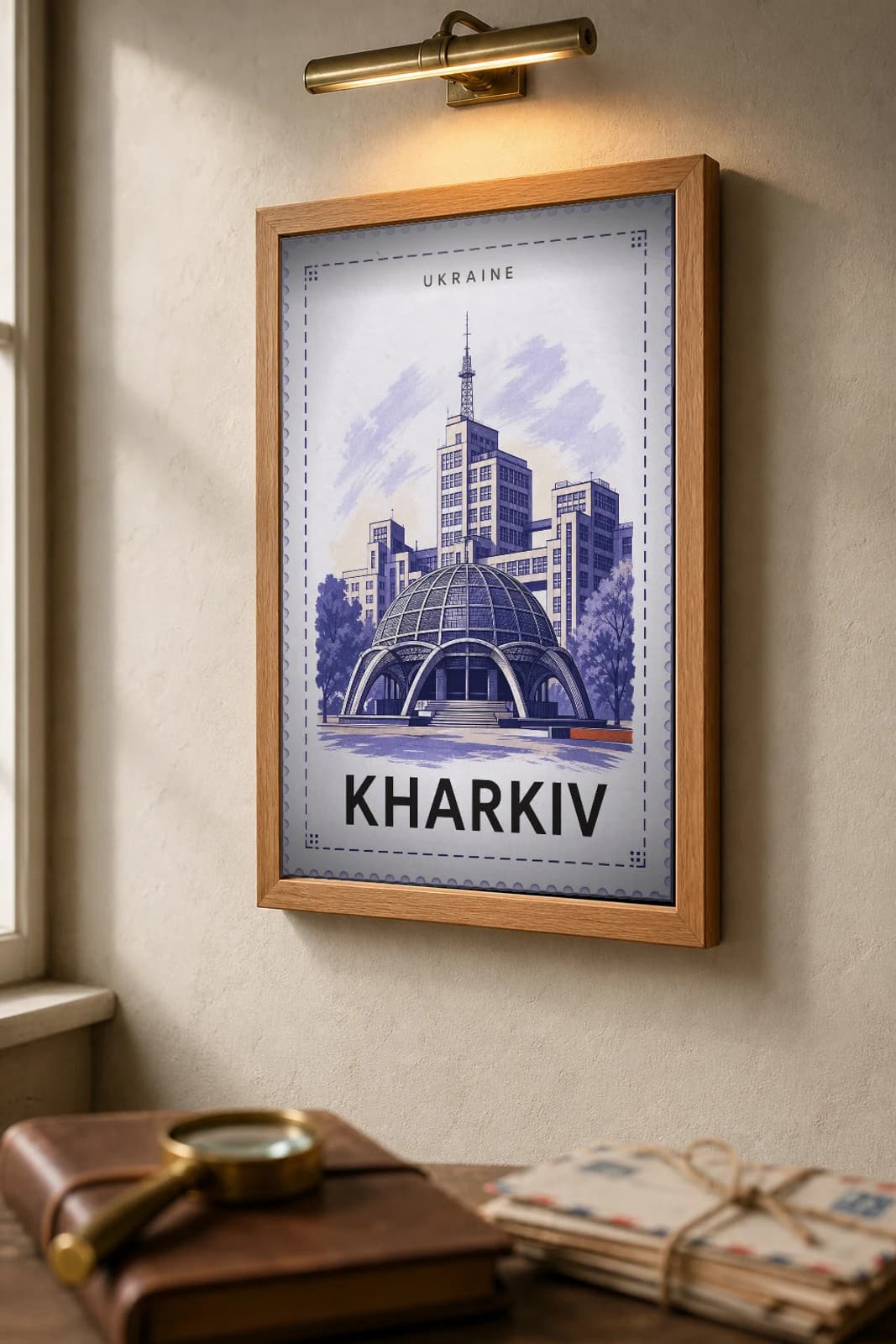 Kharkiv City Stamp Poster — Ukraine travel wall art · illustrated stamp print · framed A2 — the framed print shown at a three-quarter angle on a styled gallery wall in a natural-oak frame