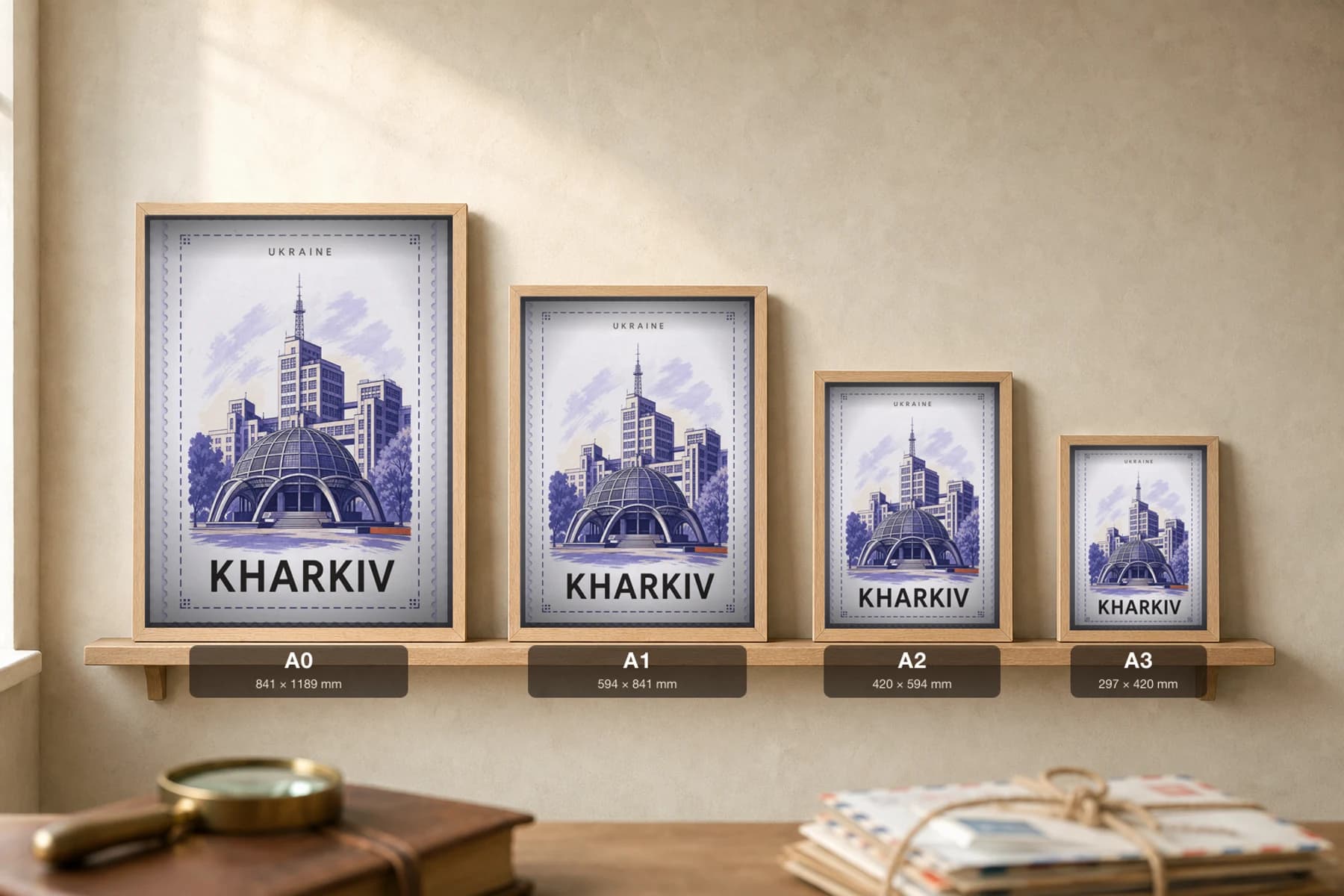 Kharkiv City Stamp Poster — Ukraine travel wall art · illustrated stamp print · framed A2 — print size guide showing the artwork at A0, A1, A2 and A3 in natural-oak frames at true relative scale
