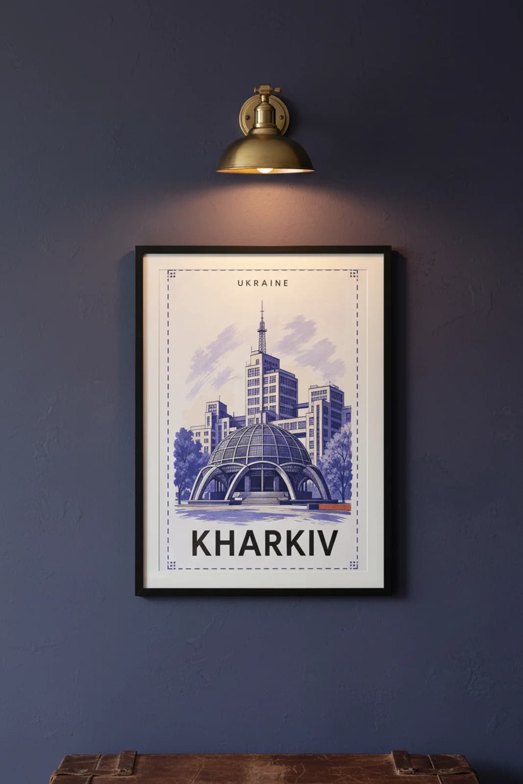 Kharkiv city stamp print in black A2 frame on wcs-europe-3953 postage-indigo wall — City Stamps mockup