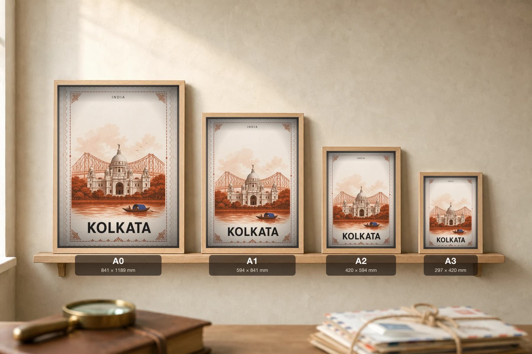 Kolkata City Stamp Poster — India travel wall art · illustrated stamp print · framed A2 — print size guide showing the artwork at A0, A1, A2 and A3 in natural-oak frames at true relative scale