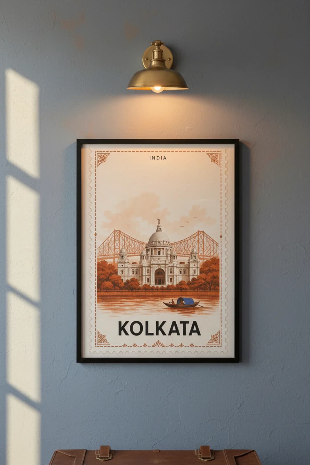 Kolkata city stamp print in black A2 frame on wcs-asia-4166 postage-indigo wall — City Stamps mockup