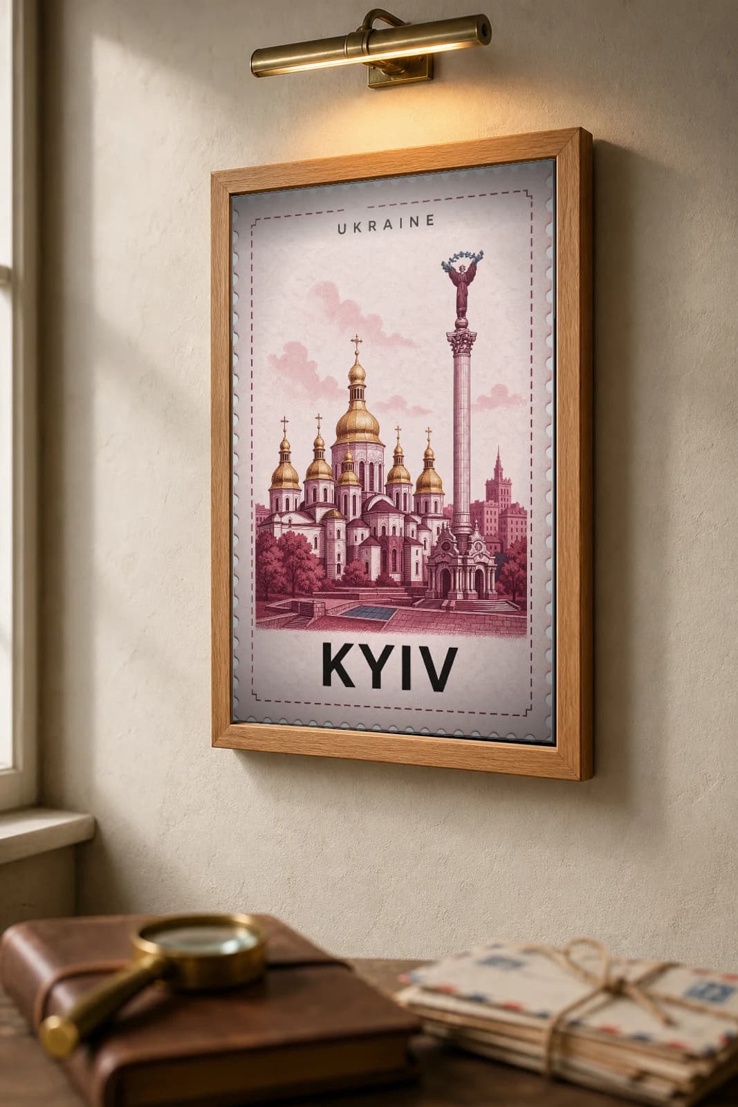 Kyiv City Stamp Poster — Ukraine travel wall art · illustrated stamp print · framed A2 — the framed print shown at a three-quarter angle on a styled gallery wall in a natural-oak frame