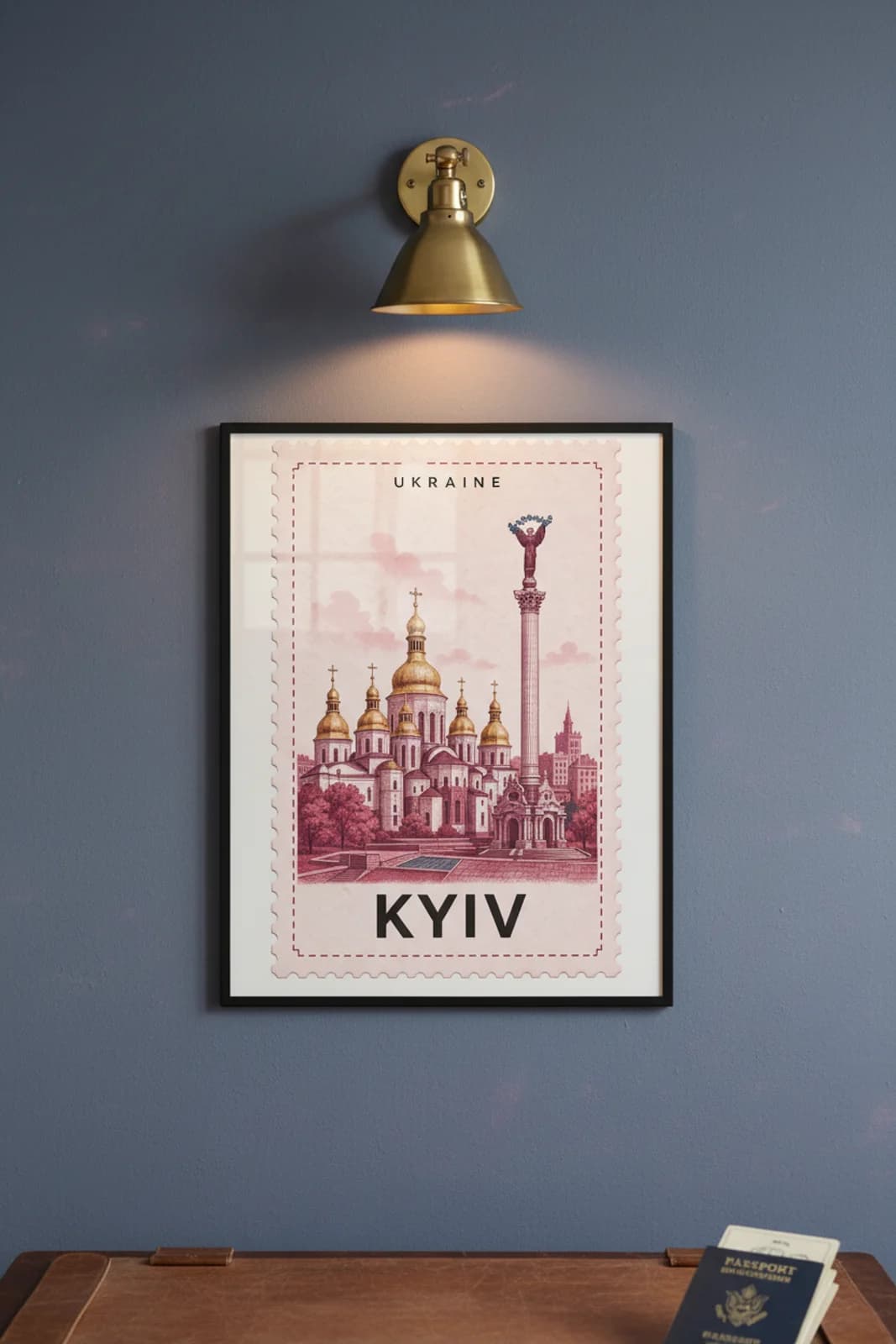 Kyiv city stamp print in black A2 frame on wcs-europe-8917 postage-indigo wall — City Stamps mockup
