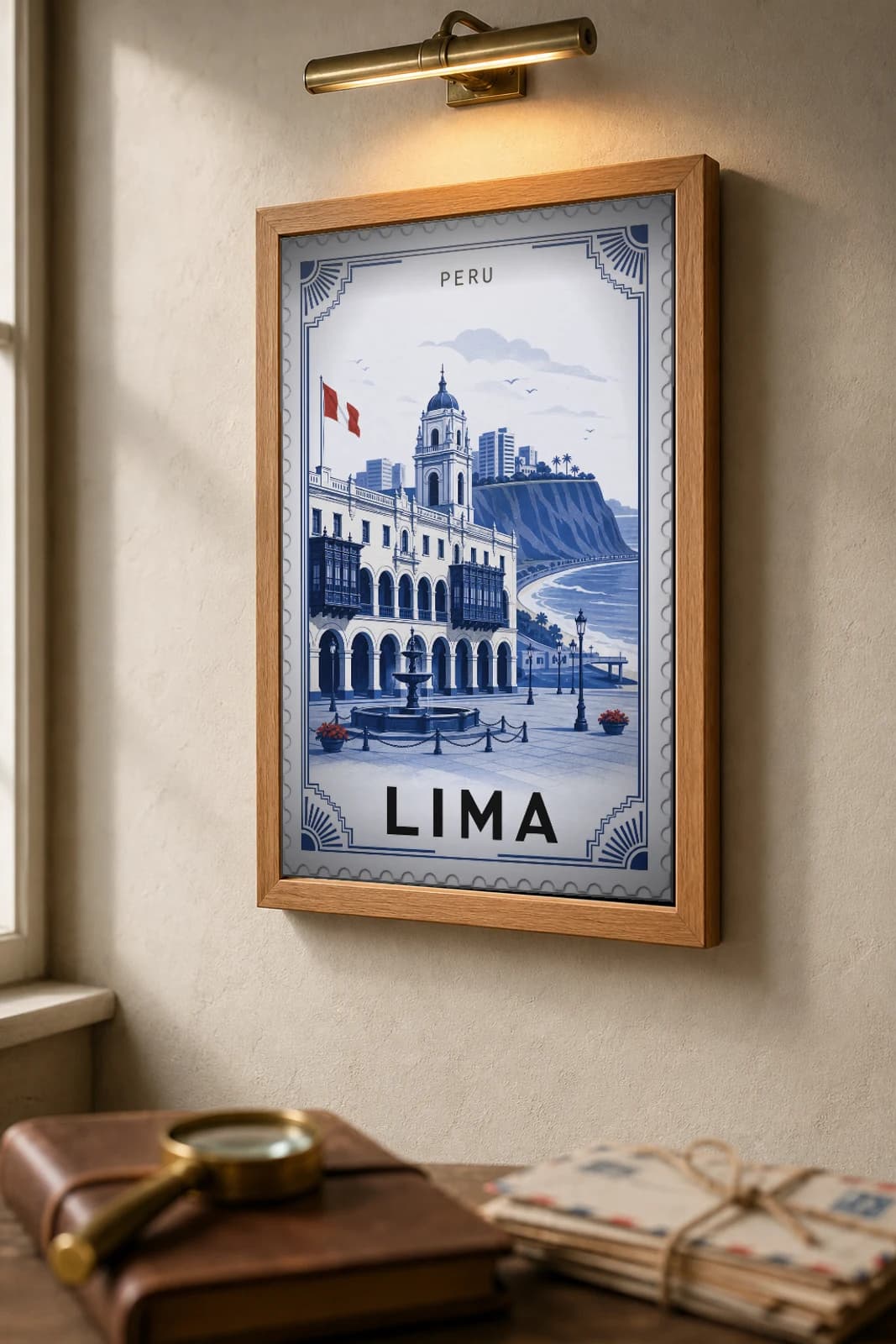 Lima City Stamp Poster — Peru travel wall art · illustrated stamp print · framed A2 — the framed print shown at a three-quarter angle on a styled gallery wall in a natural-oak frame