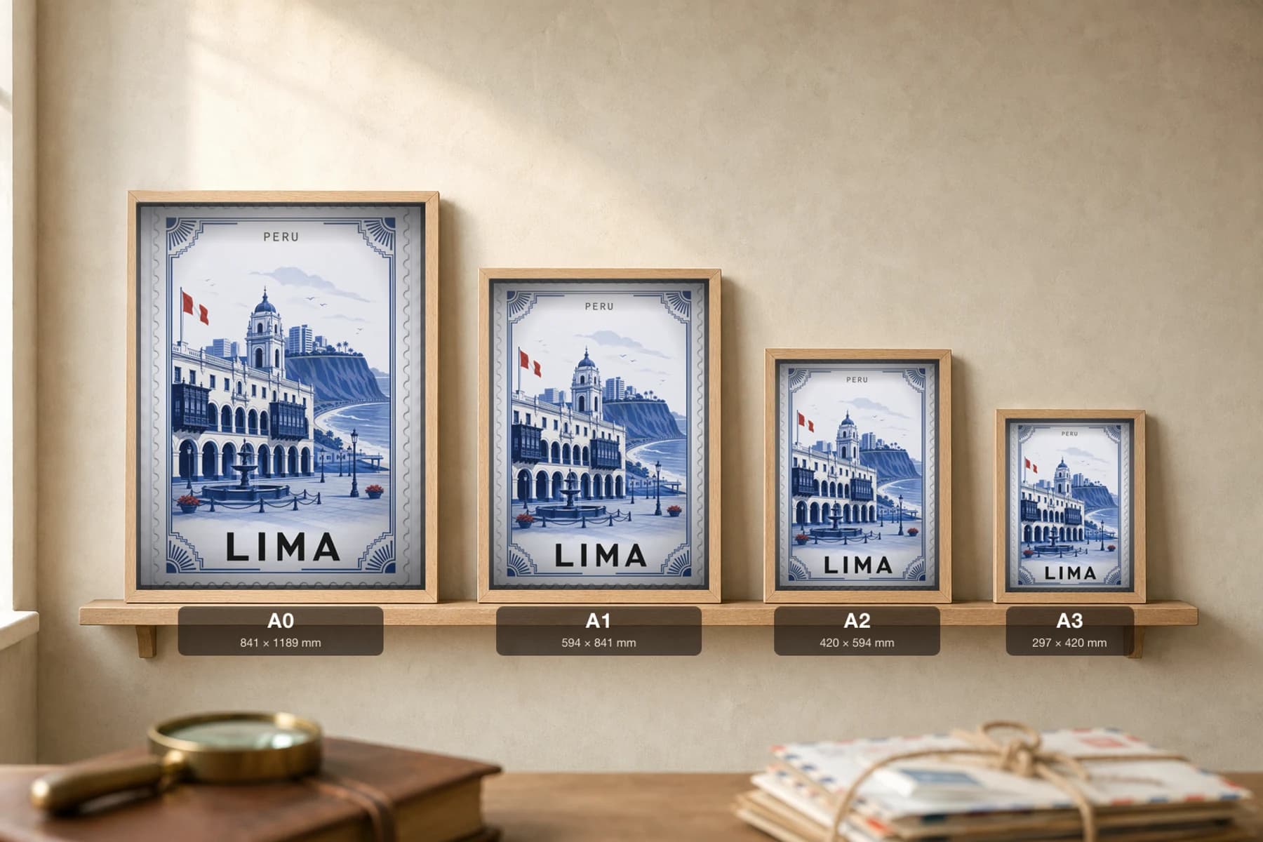 Lima City Stamp Poster — Peru travel wall art · illustrated stamp print · framed A2 — print size guide showing the artwork at A0, A1, A2 and A3 in natural-oak frames at true relative scale