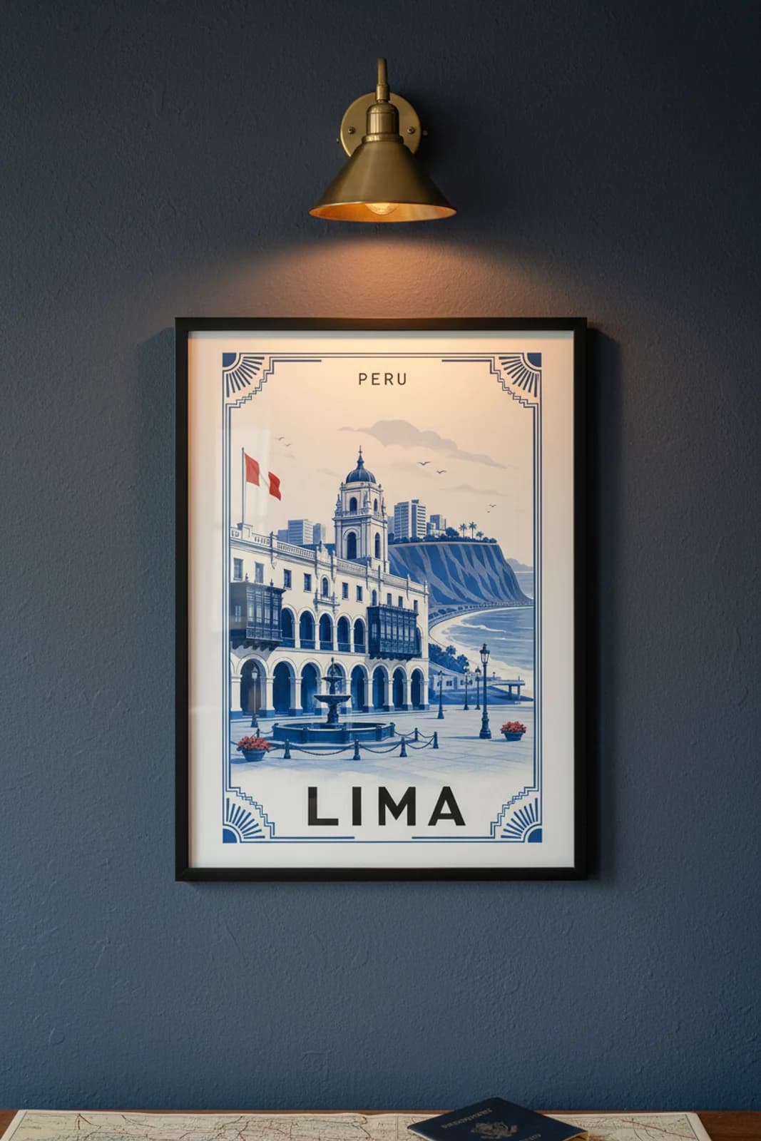 Lima city stamp print in black A2 frame on wcs-americas-8858 postage-indigo wall — City Stamps mockup