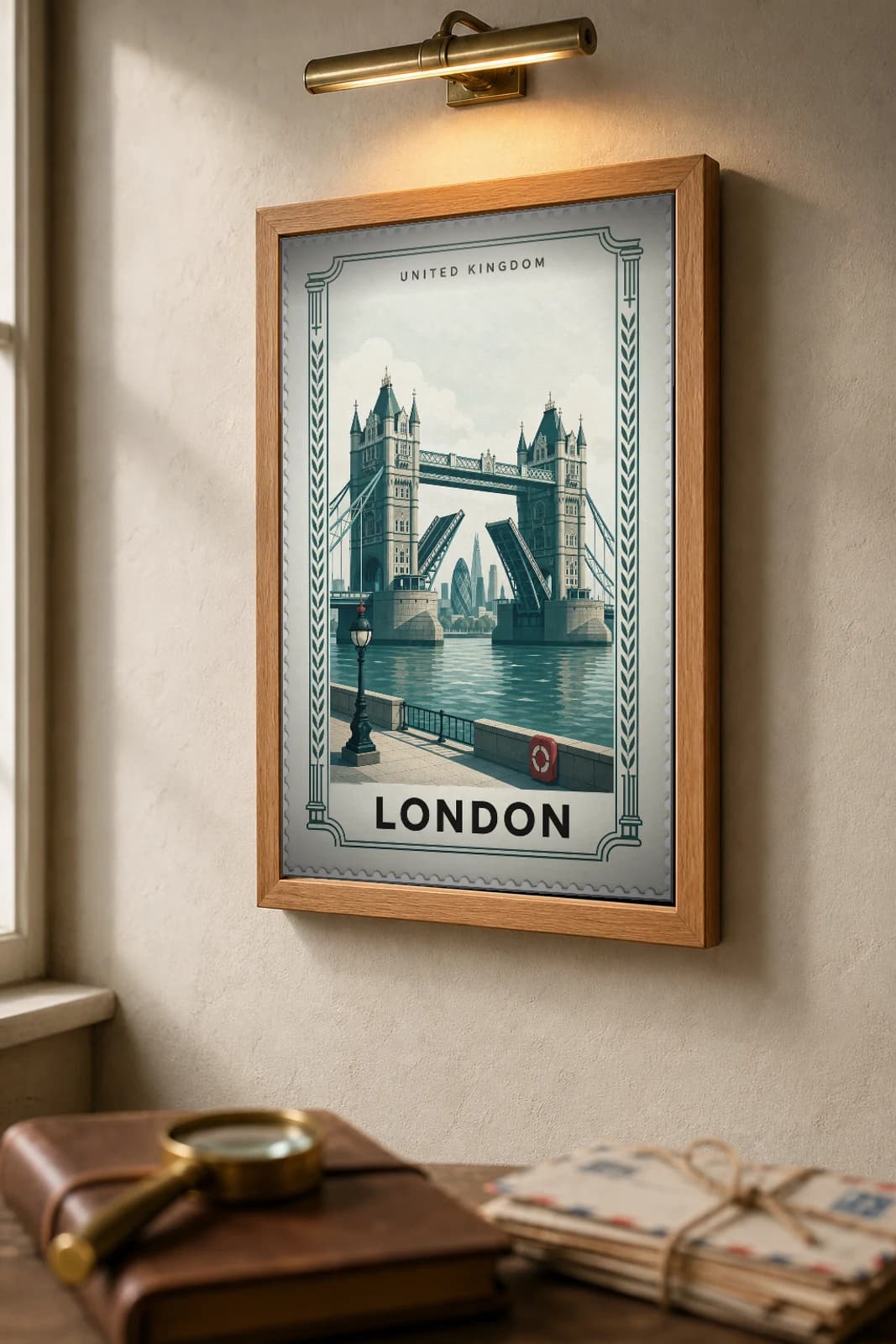 London City Stamp Poster — United Kingdom travel wall art · illustrated stamp print · framed A2 — the framed print shown at a three-quarter angle on a styled gallery wall in a natural-oak frame