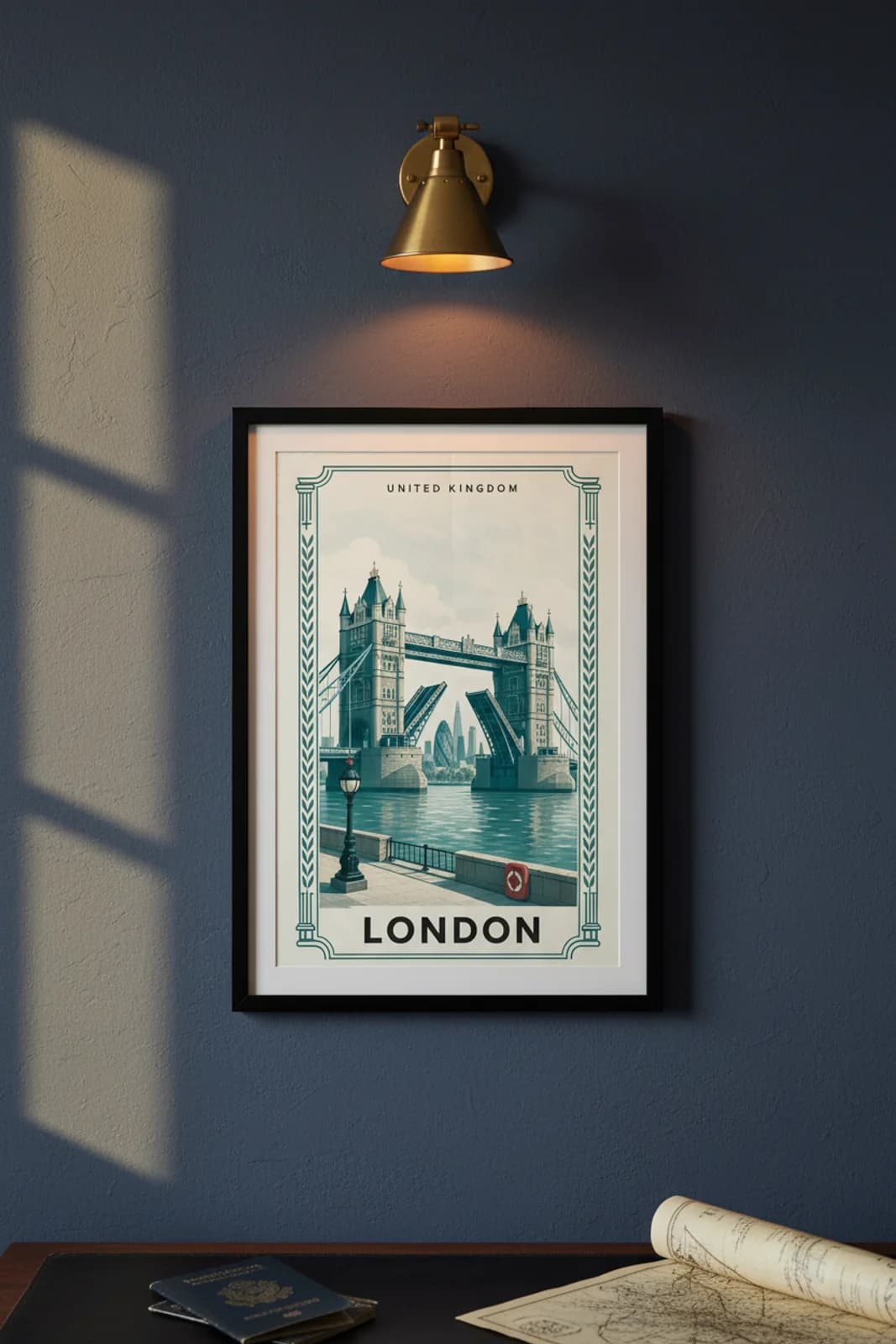 London city stamp print in black A2 frame on wcs-europe-7468 postage-indigo wall — City Stamps mockup