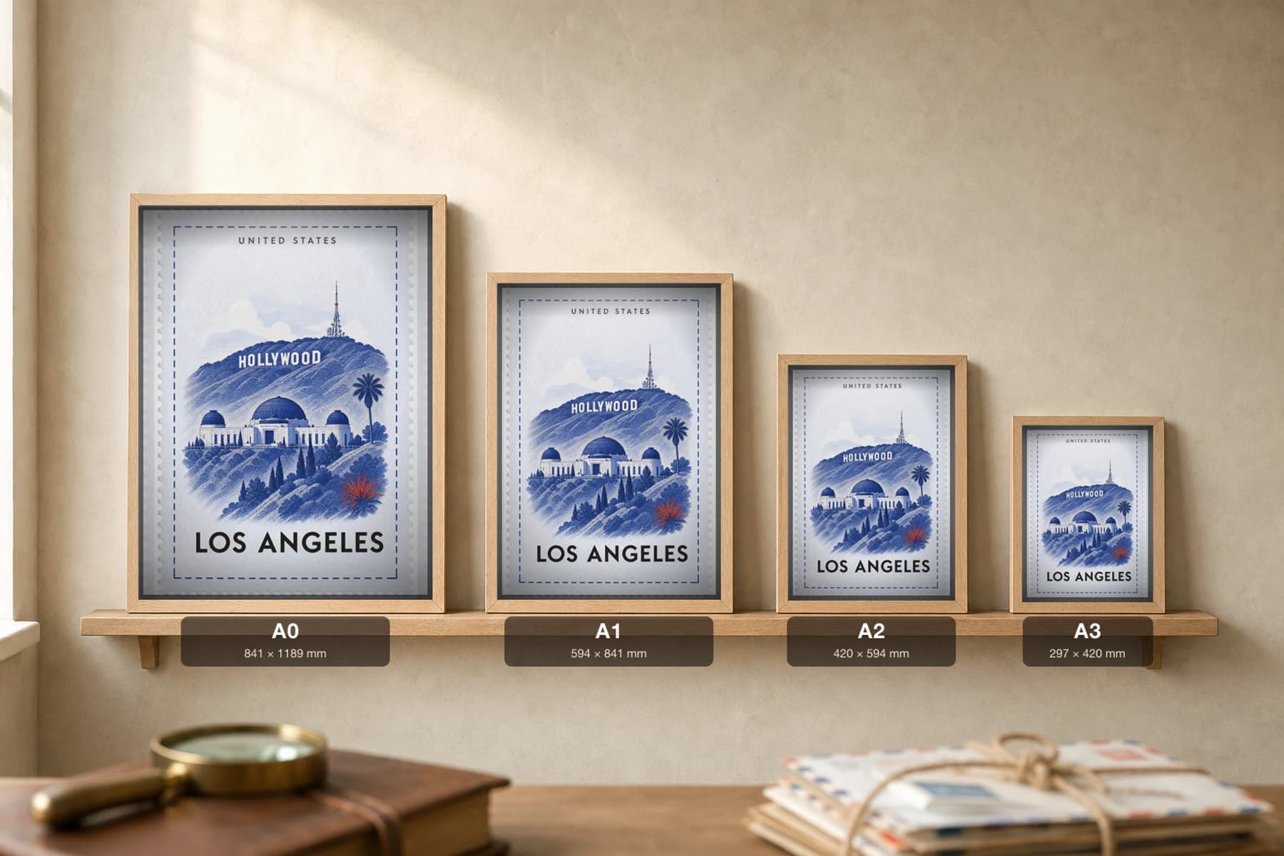 Los Angeles City Stamp Poster — United States travel wall art · illustrated stamp print · framed A2 — print size guide showing the artwork at A0, A1, A2 and A3 in natural-oak frames at true relative scale