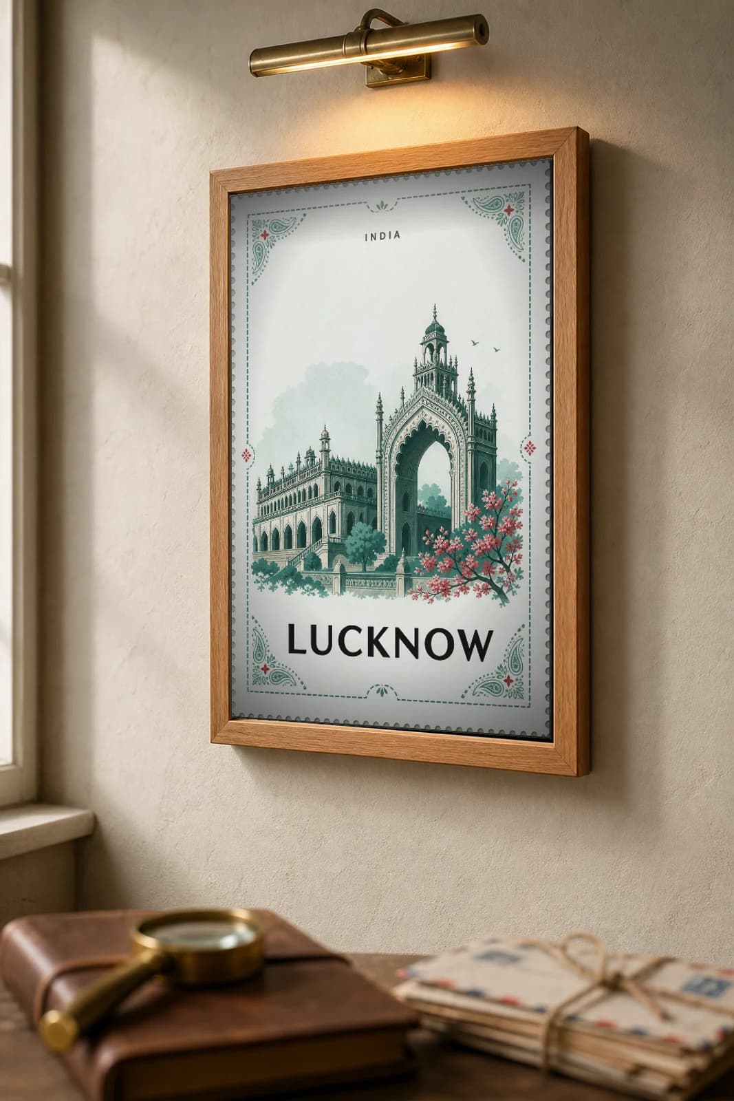 Lucknow City Stamp Poster — India travel wall art · illustrated stamp print · framed A2 — the framed print shown at a three-quarter angle on a styled gallery wall in a natural-oak frame