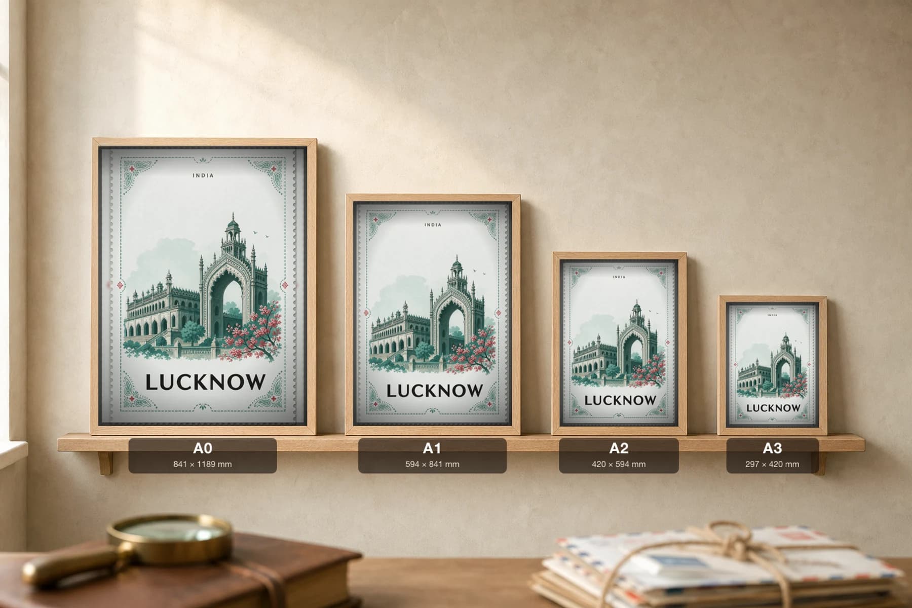 Lucknow City Stamp Poster — India travel wall art · illustrated stamp print · framed A2 — print size guide showing the artwork at A0, A1, A2 and A3 in natural-oak frames at true relative scale