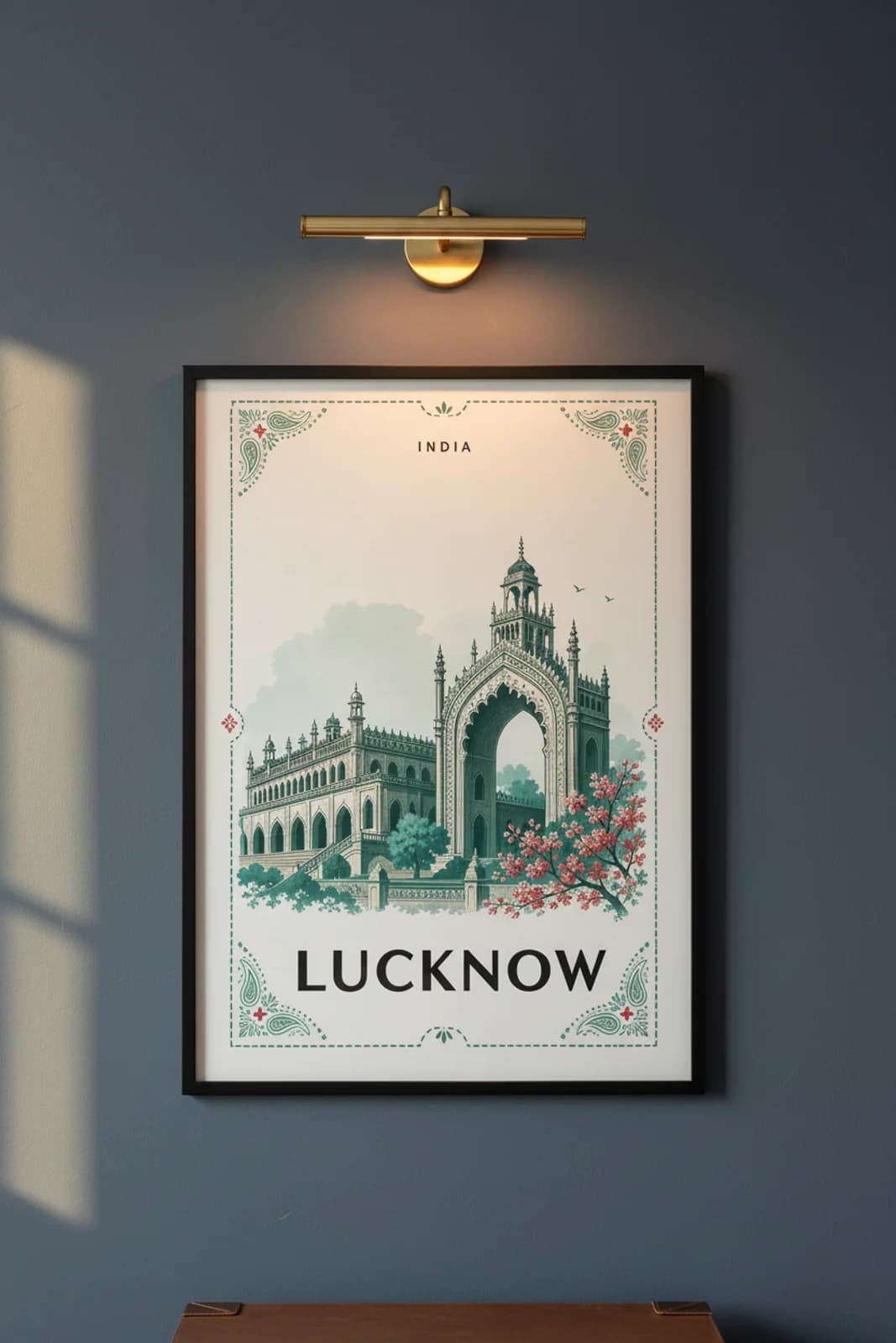Lucknow city stamp print in black A2 frame on wcs-asia-2201 postage-indigo wall — City Stamps mockup