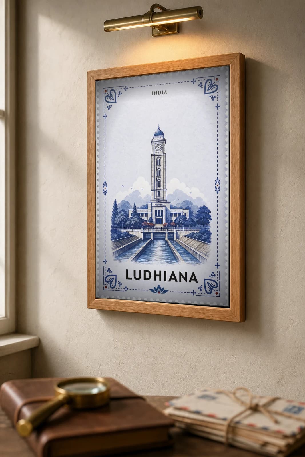 Ludhiana City Stamp Poster — India travel wall art · illustrated stamp print · framed A2 — the framed print shown at a three-quarter angle on a styled gallery wall in a natural-oak frame