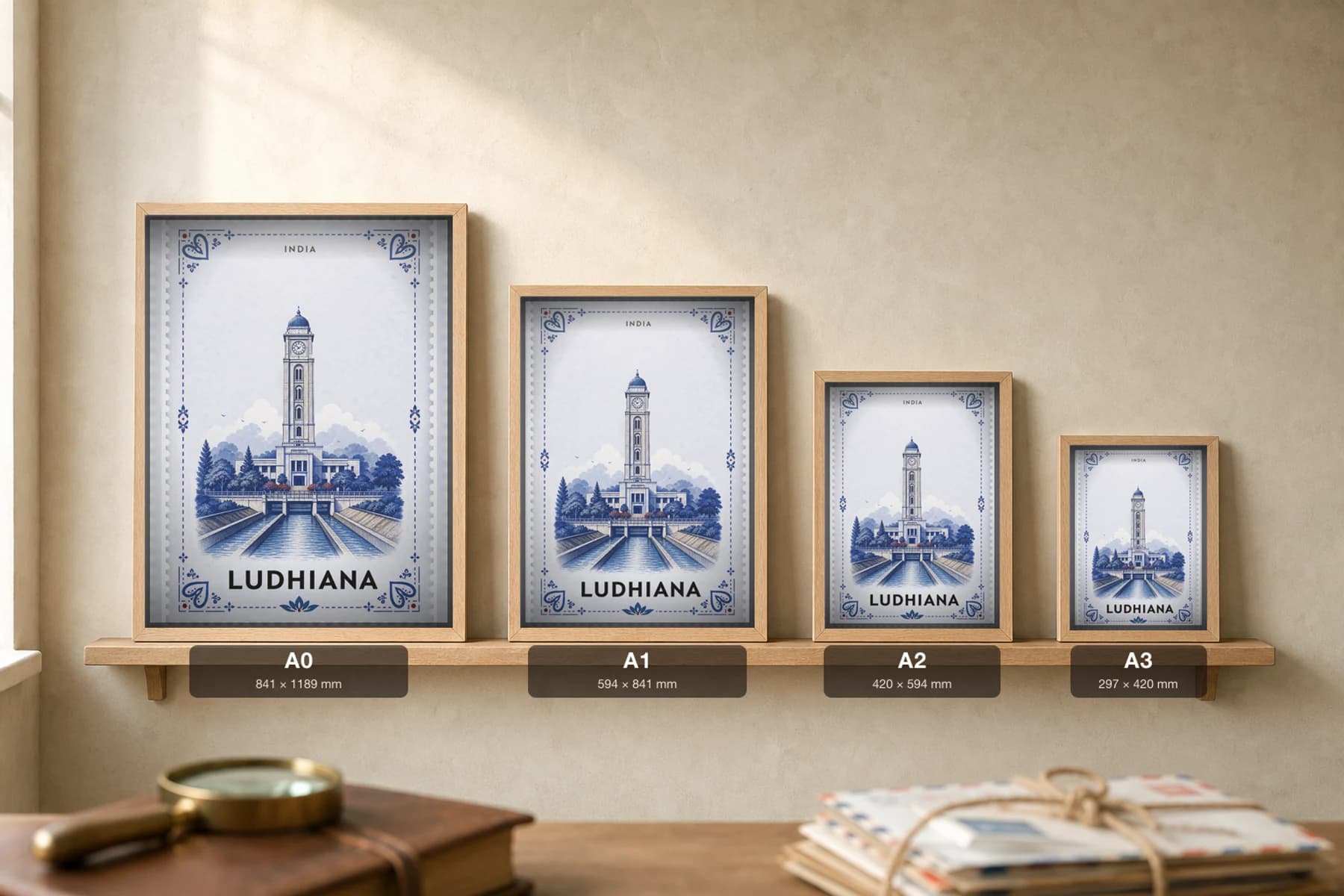 Ludhiana City Stamp Poster — India travel wall art · illustrated stamp print · framed A2 — print size guide showing the artwork at A0, A1, A2 and A3 in natural-oak frames at true relative scale