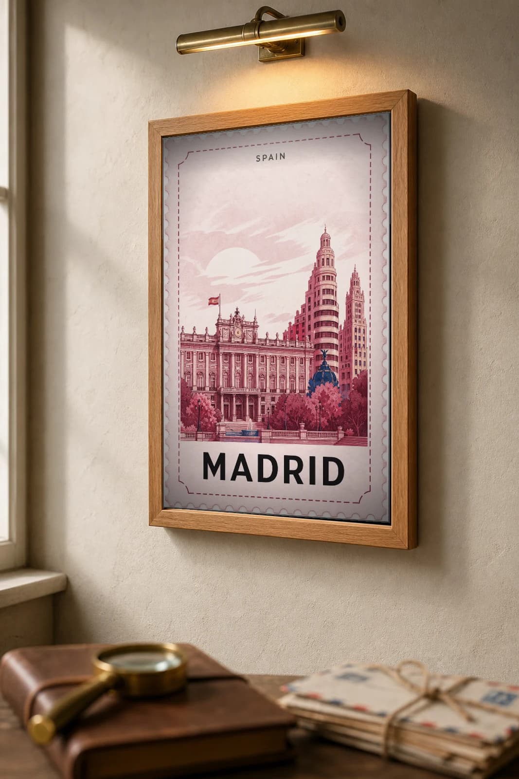 Madrid City Stamp Poster — Spain travel wall art · illustrated stamp print · framed A2 — the framed print shown at a three-quarter angle on a styled gallery wall in a natural-oak frame